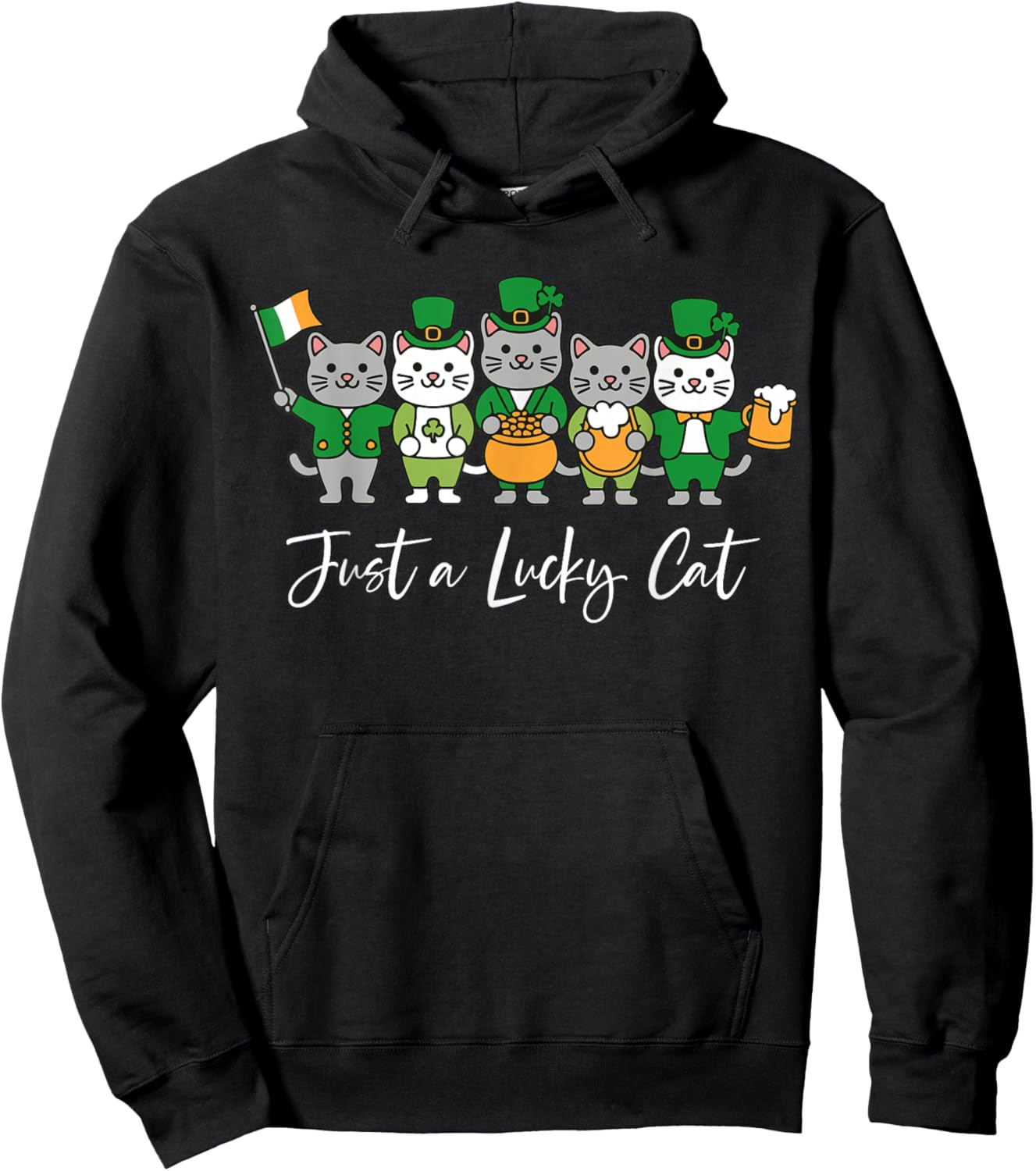 Funny Just A Lucky Cat St Patrick's Day Cute Kitten Shamrock Hoodie - Hoodie | Black