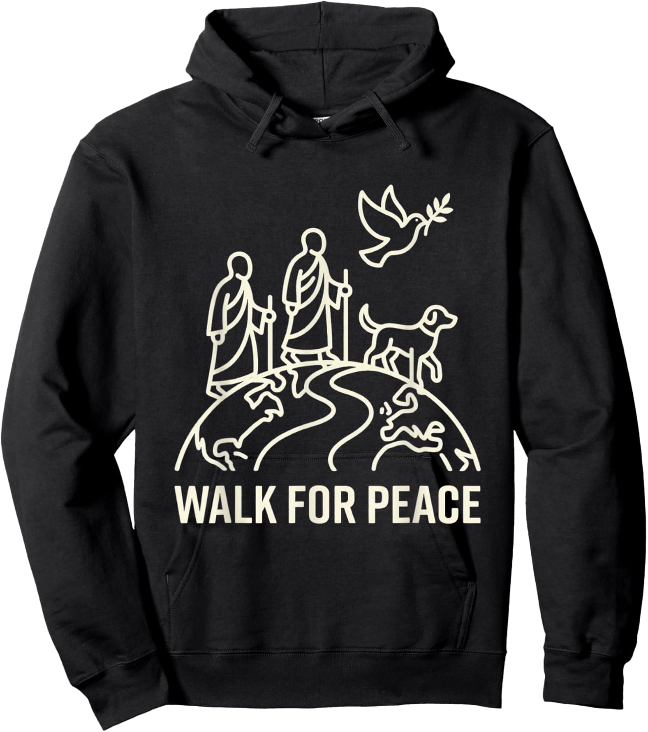 Walk for Peace Aloka Monks with Dog and Dove Line Art Hoodie - Hoodie | Black