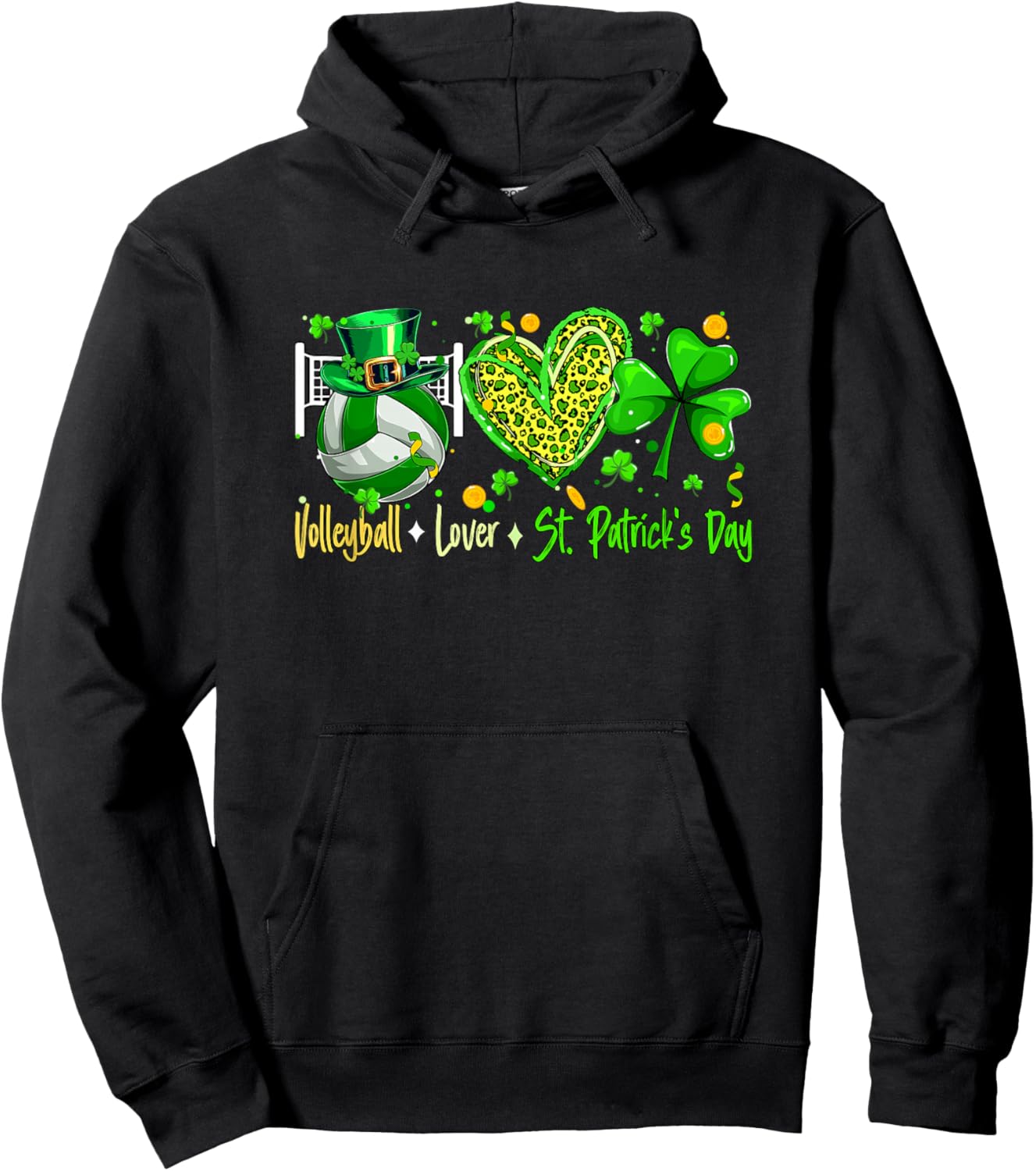 Volleyball Lover St. Patrick's Day Player Team Leopard Heart Hoodie - Hoodie | Black