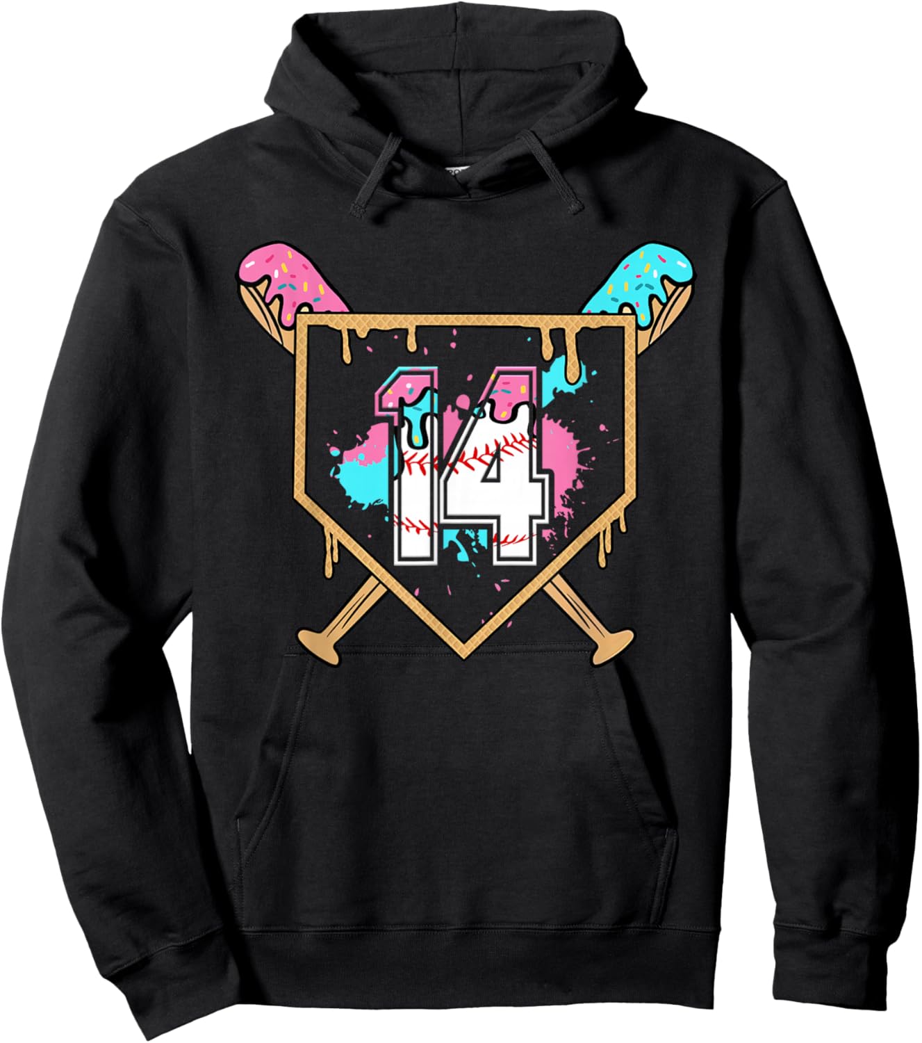 14th Birthday Baseball Bat Ice-Cream Drip 14yrs Old Boys Hoodie - Hoodie | Black