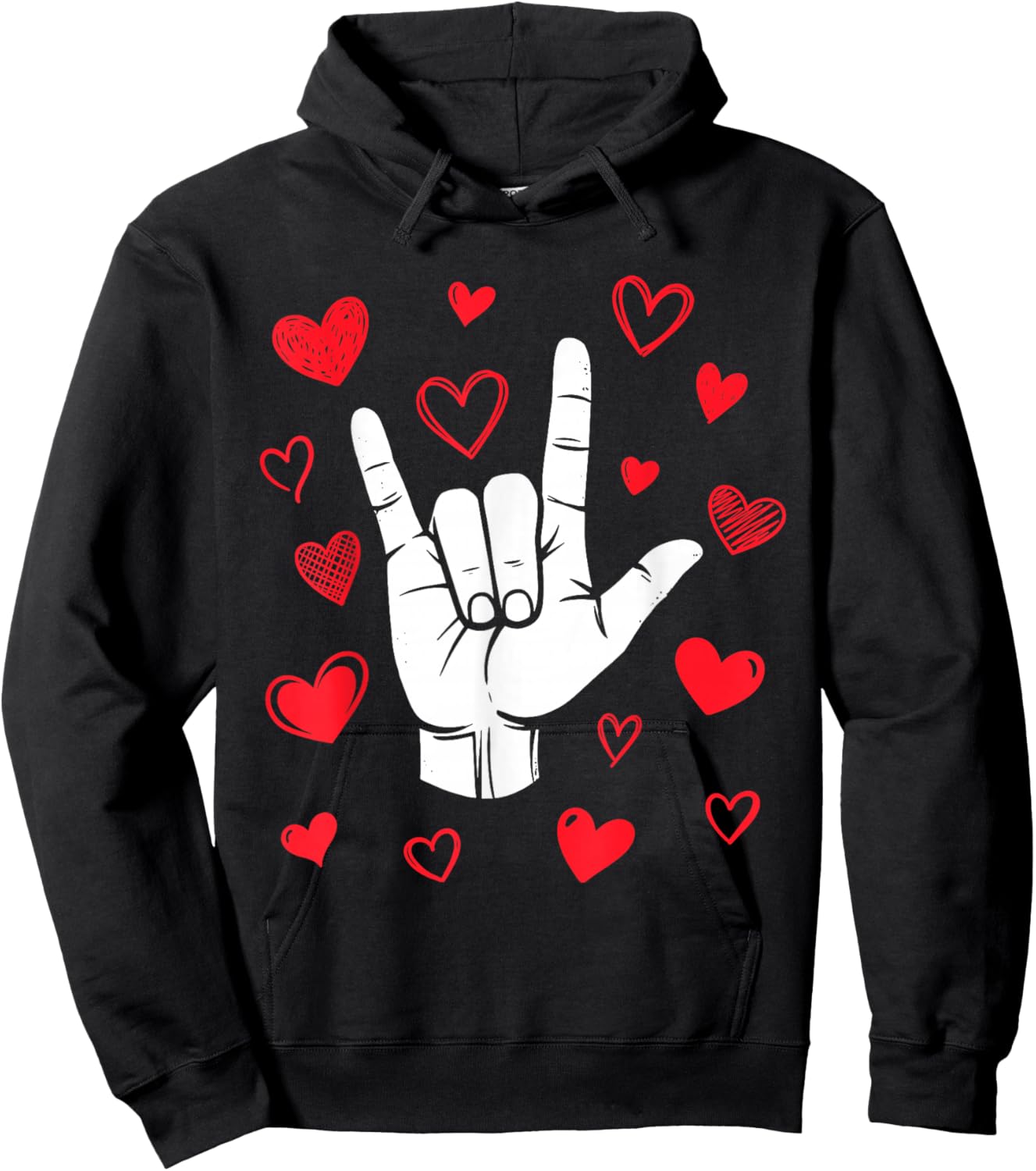 I Love You Sign Language Valentine's Day ASL Hearts Hoodie - Hoodie | Black