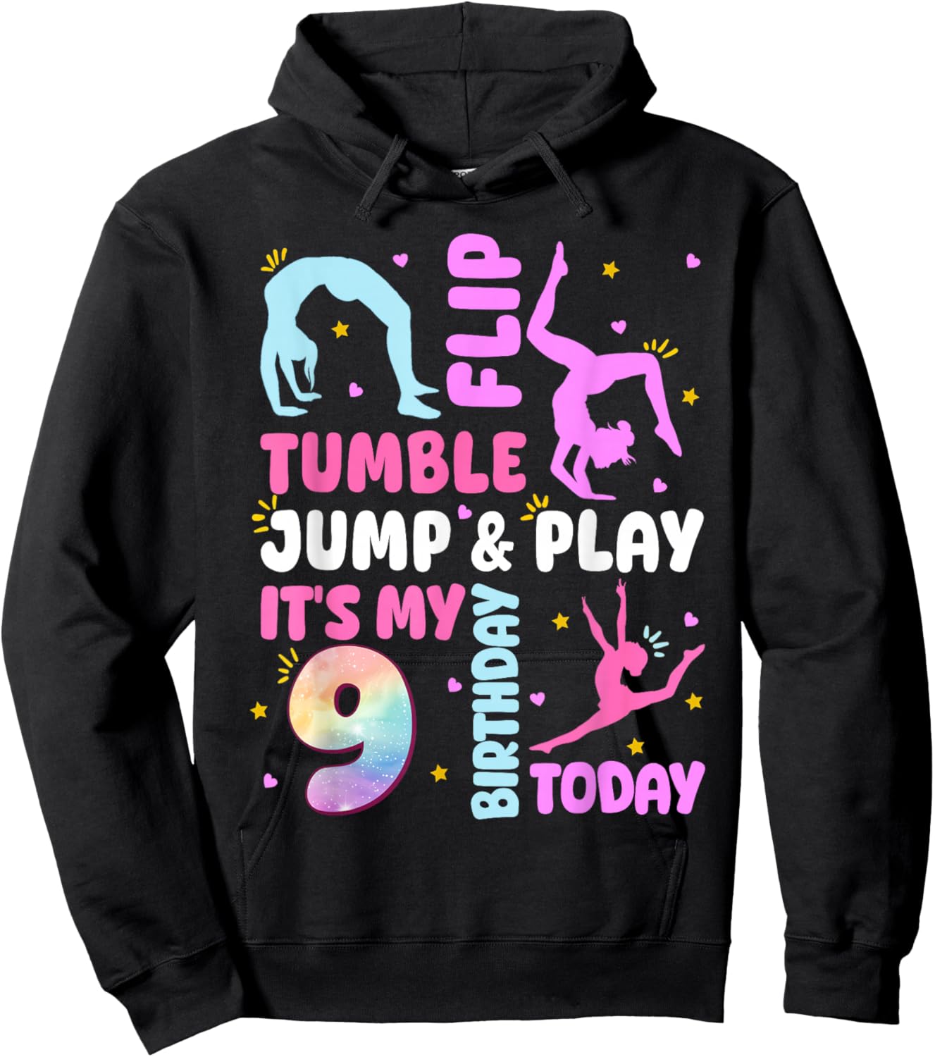 Kids 9 Year Old Bday Gymnast 9th Gymnastics Birthday Girl Hoodie - Hoodie | Black