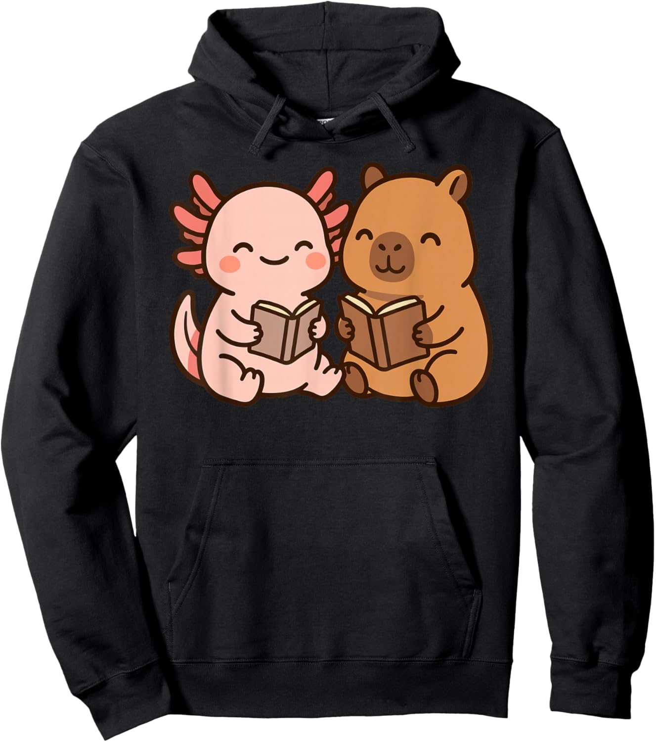 Capybara Axolotl Kawaii Kids Anime Book Lover Reading Hoodie - Hoodie | Black