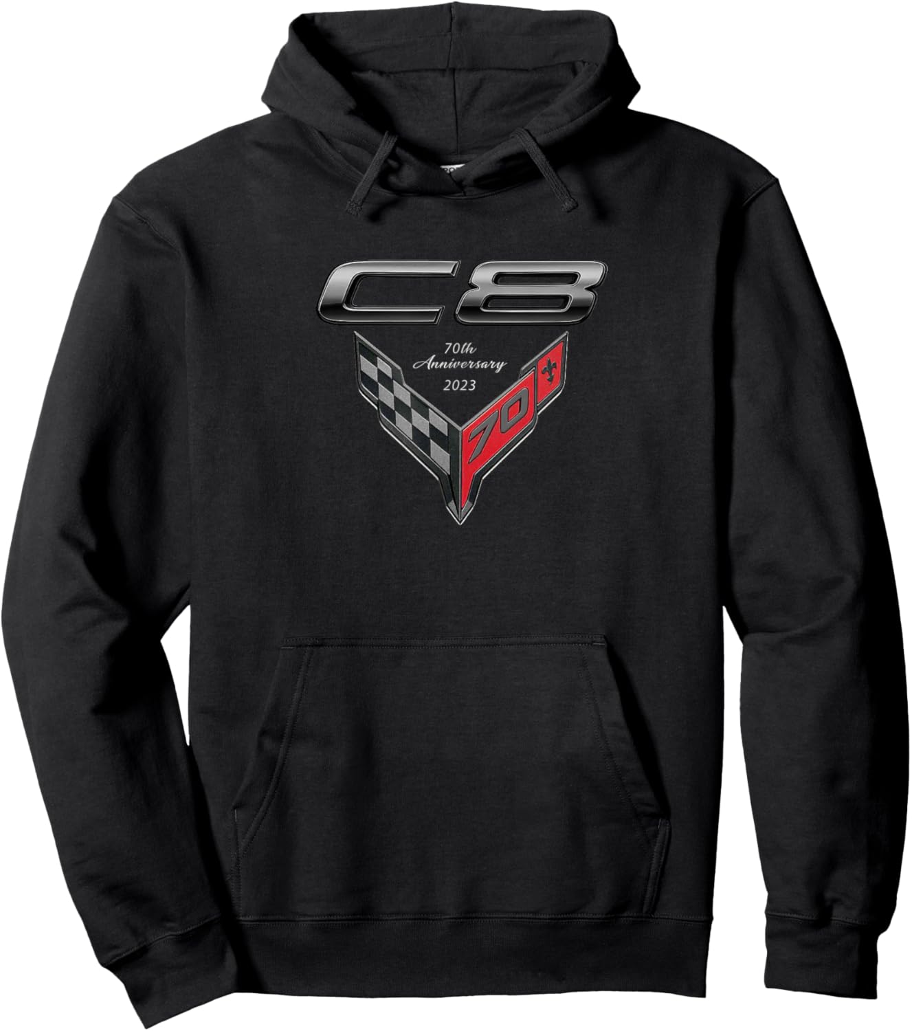 C8 Sports CAR Emblem 2023 70th Anniversary Cross Flags Badge Hoodie - Hoodie | Black