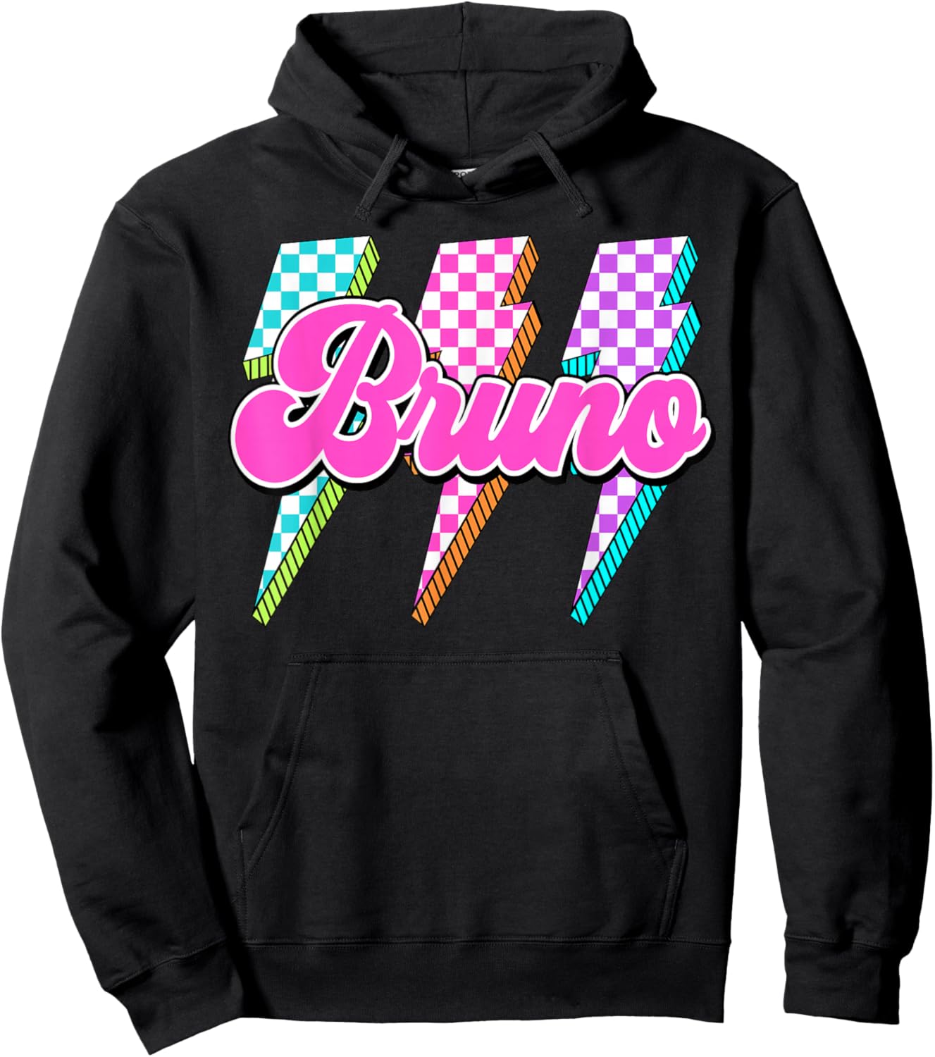 Bruno Checkered Bolt I Love Bruno Groovy 70's 80's Vintage Hoodie - Hoodie | Black