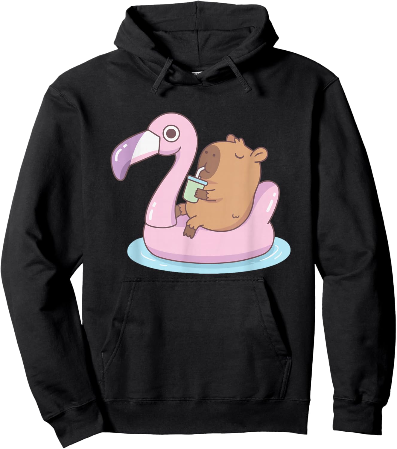 Cute Capybara Floating Flamingo Pool Summer Cartoon Hoodie - Hoodie | Black