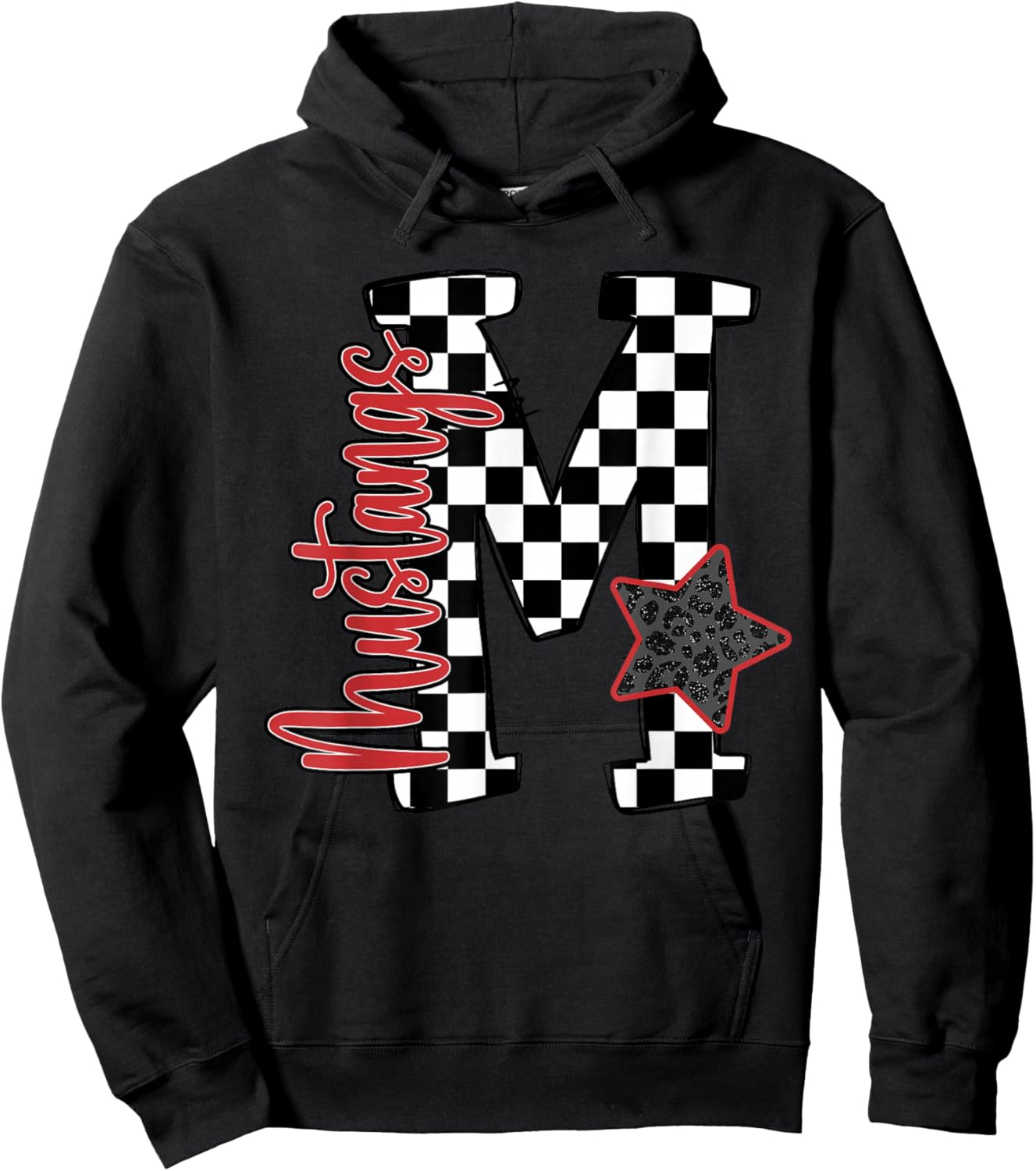 Red Mustangs Checkered Print Star School Spirit Mascot Hoodie - Hoodie | Black