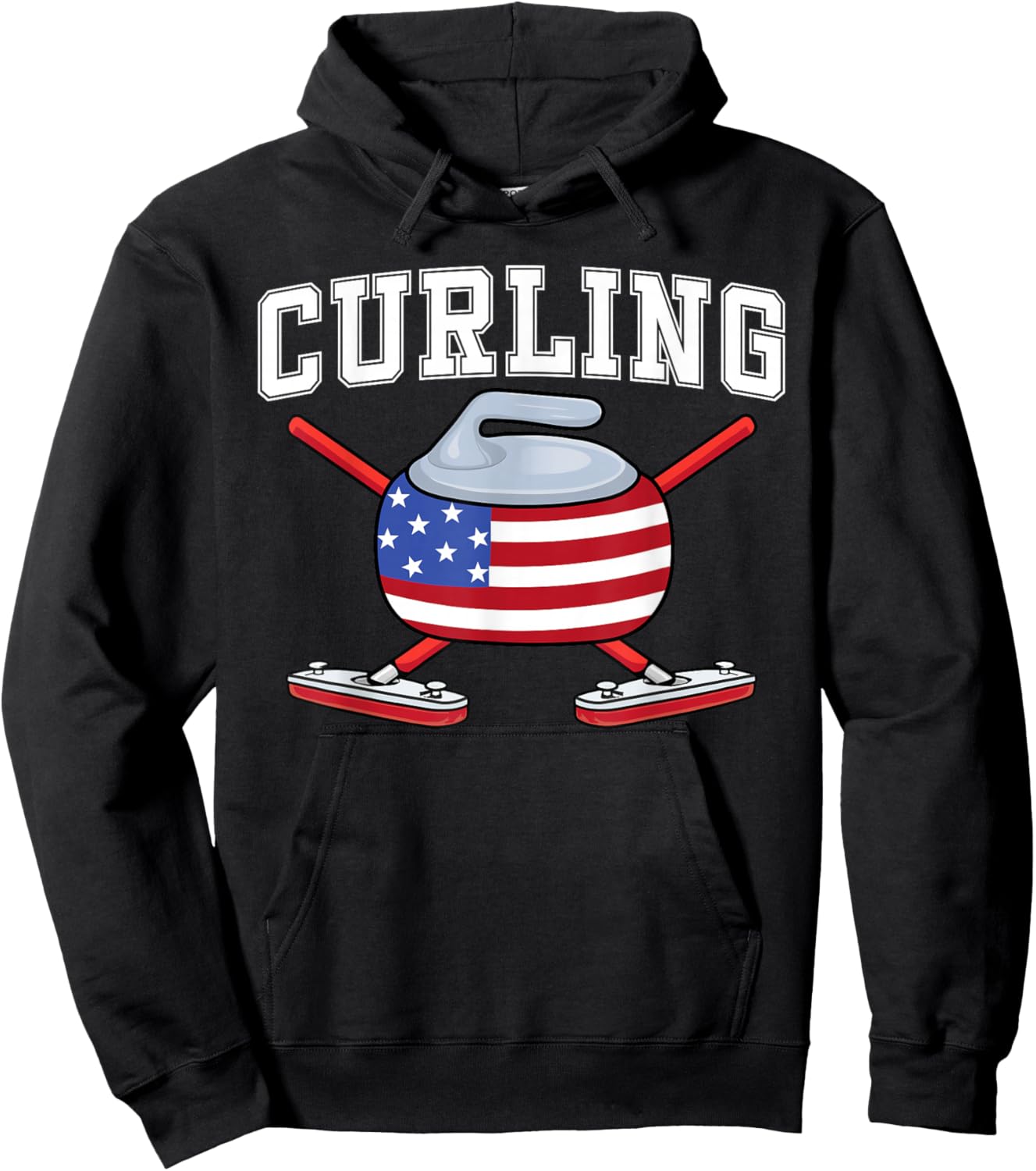 Winter Ice Sports US Curler Broom American Flag Curling Fan Hoodie - Hoodie | Black