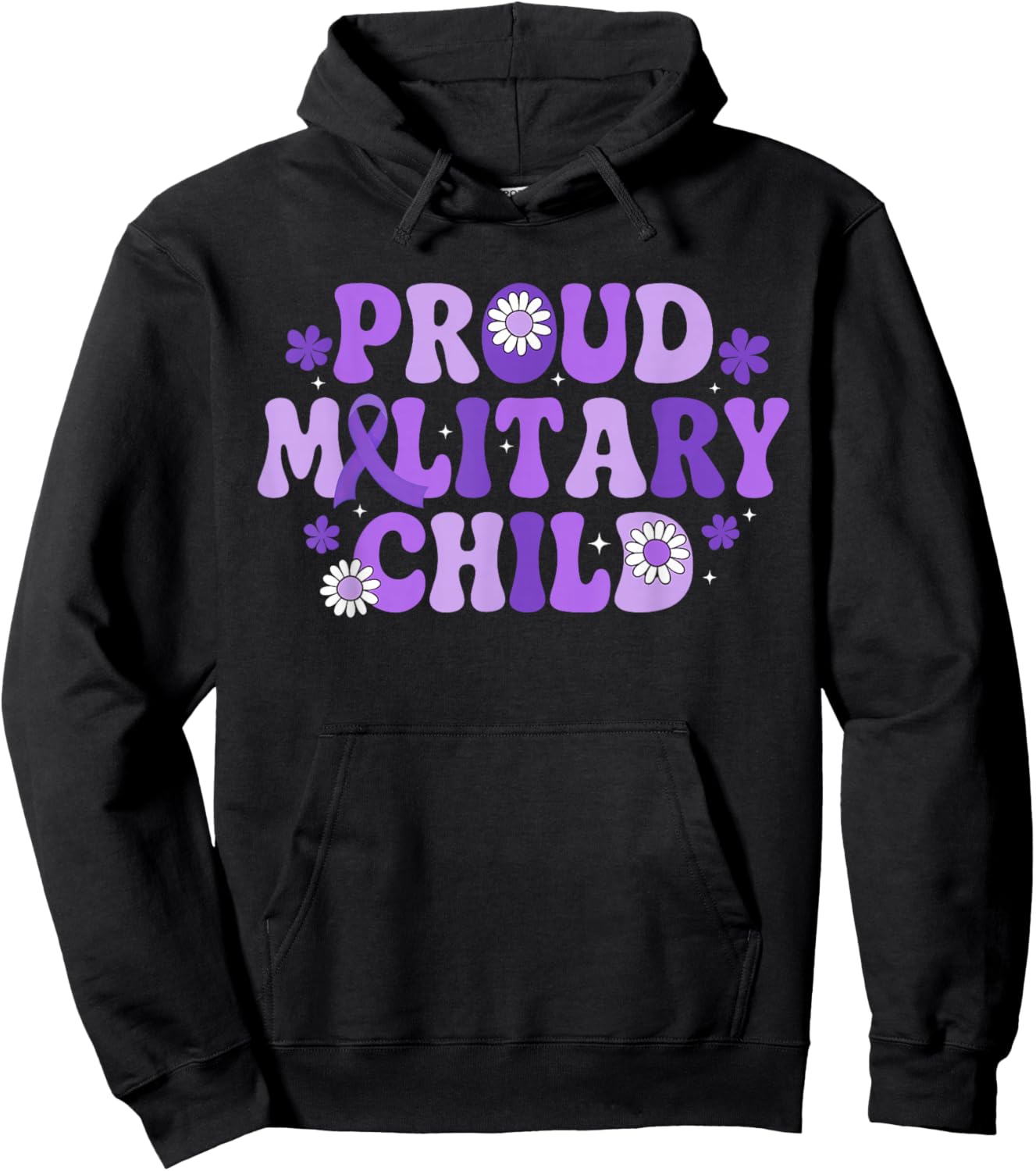 Proud Military Child Floral Military Kids Purple Ribbon Girl Hoodie - Hoodie | Black