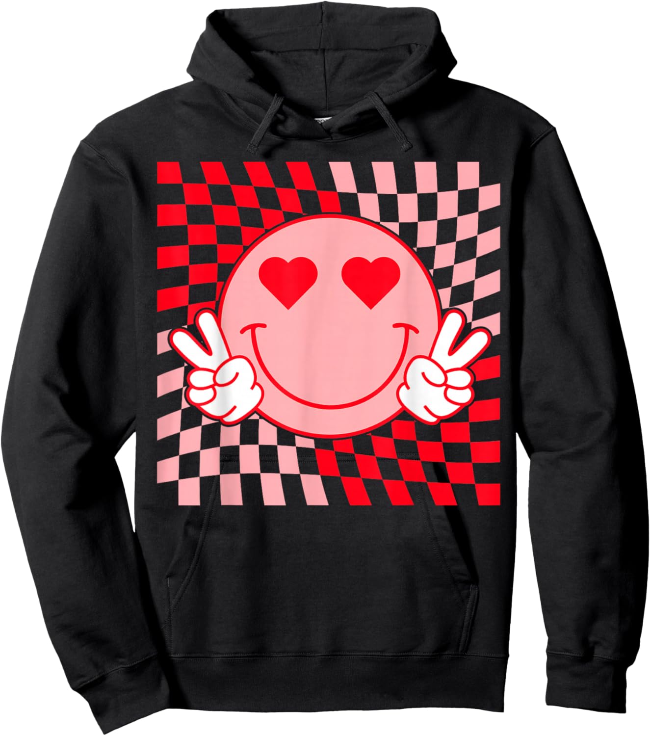 Retro Checkered Smile Face Hearts Valentine Funny Trendy Hoodie - Hoodie | Black