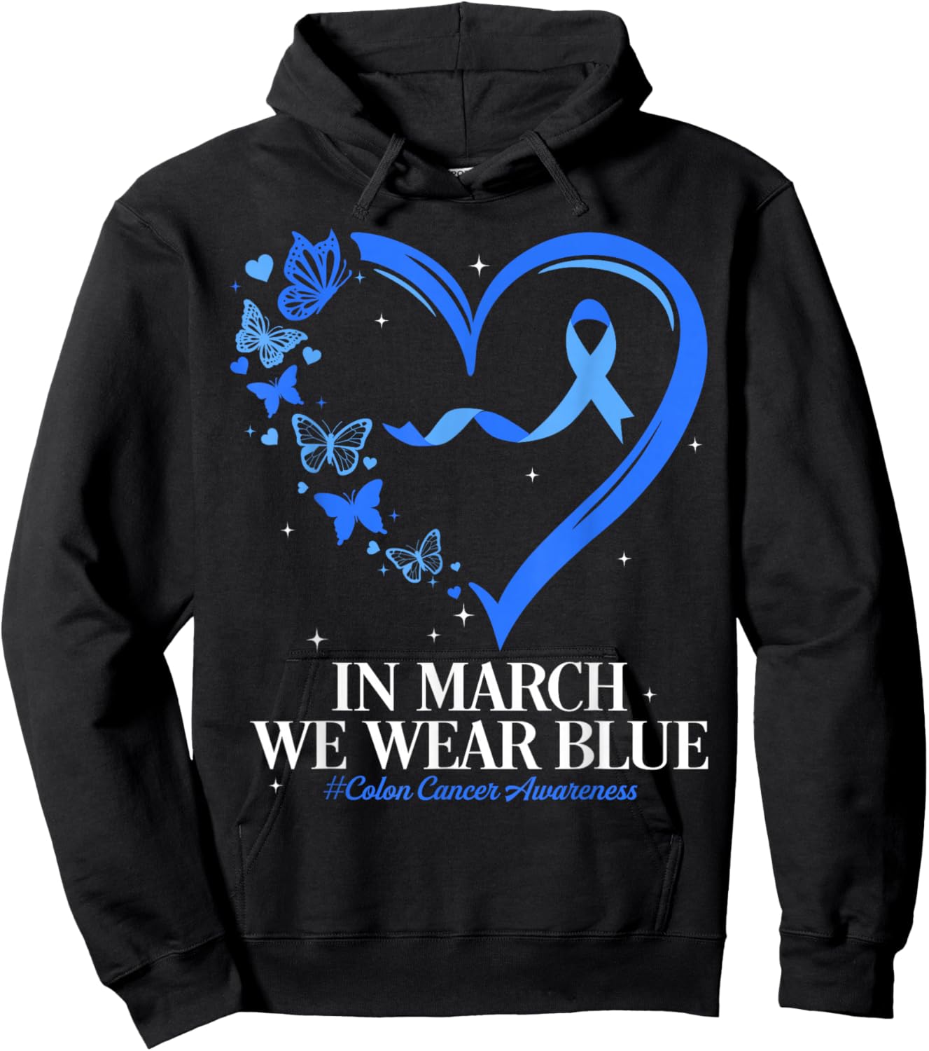 Blue Ribbon Butterfly Blue Heart Colon Cancer Awareness Hoodie - Hoodie | Black