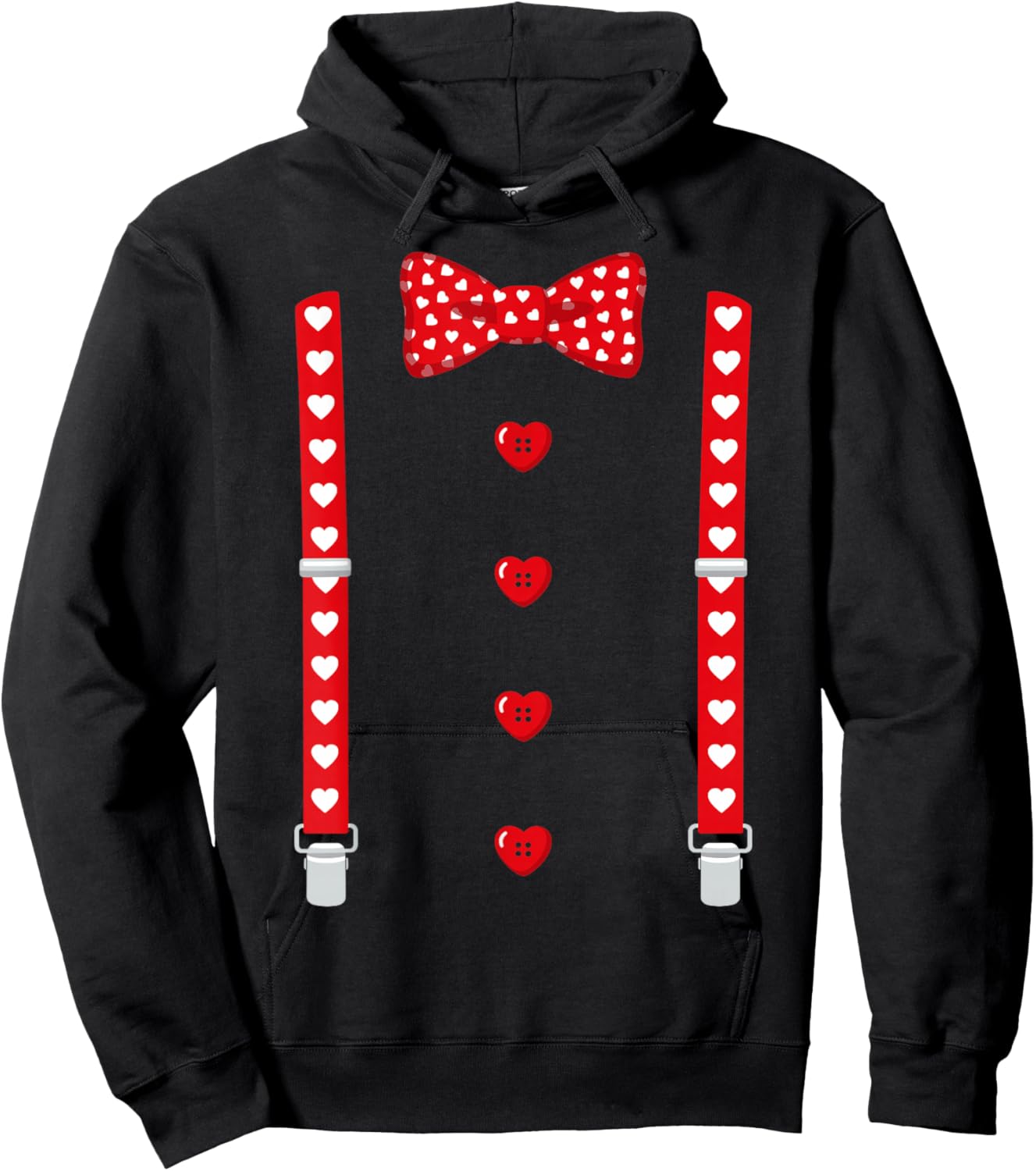 Red Hearts Bow Tie Suspenders Tuxedo Valentines Day Costume Hoodie - Hoodie | Black