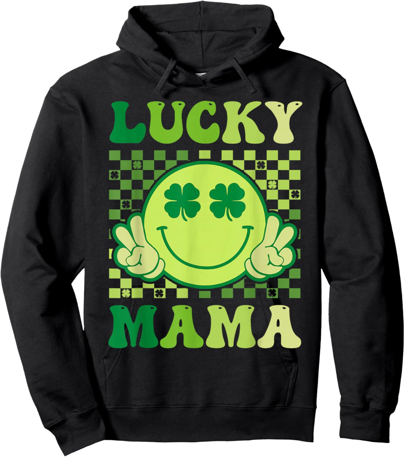 Lucky Mama Retro Smile Face Irish Shamrock St Patricks Day Hoodie - Hoodie | Black