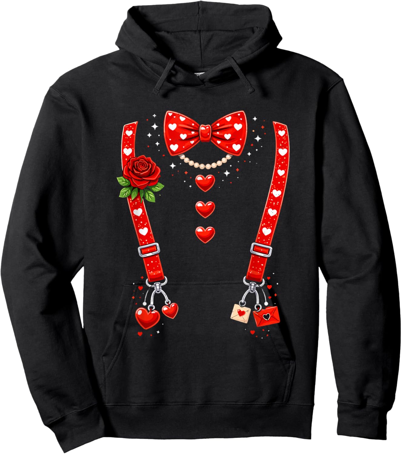 Valentines Day Red Hearts Bow Tie Funny Suspender Couple Hoodie - Hoodie | Black