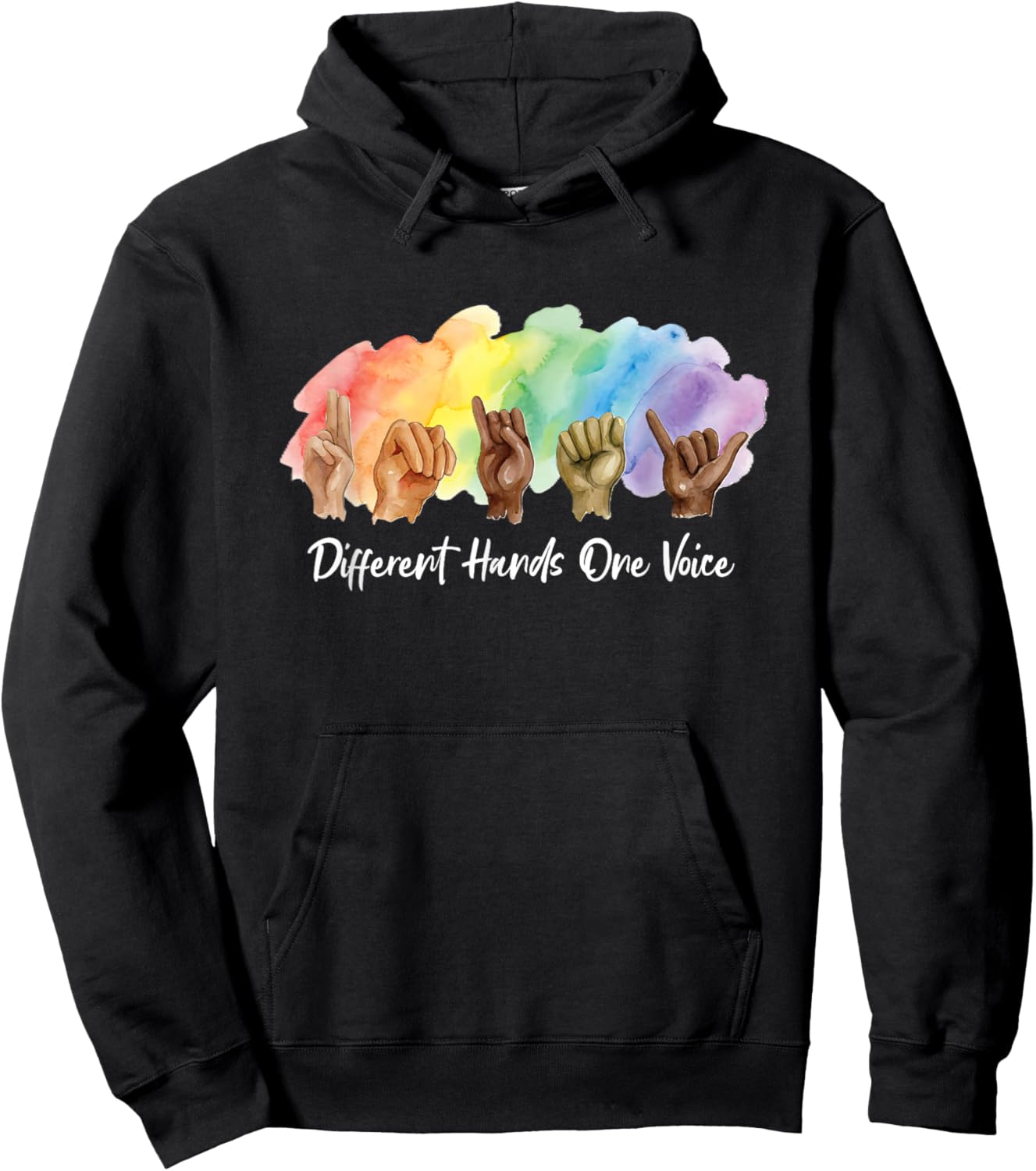 ASL Watercolor Unity Different Hands One Voice Sign Language Hoodie - Hoodie | Black