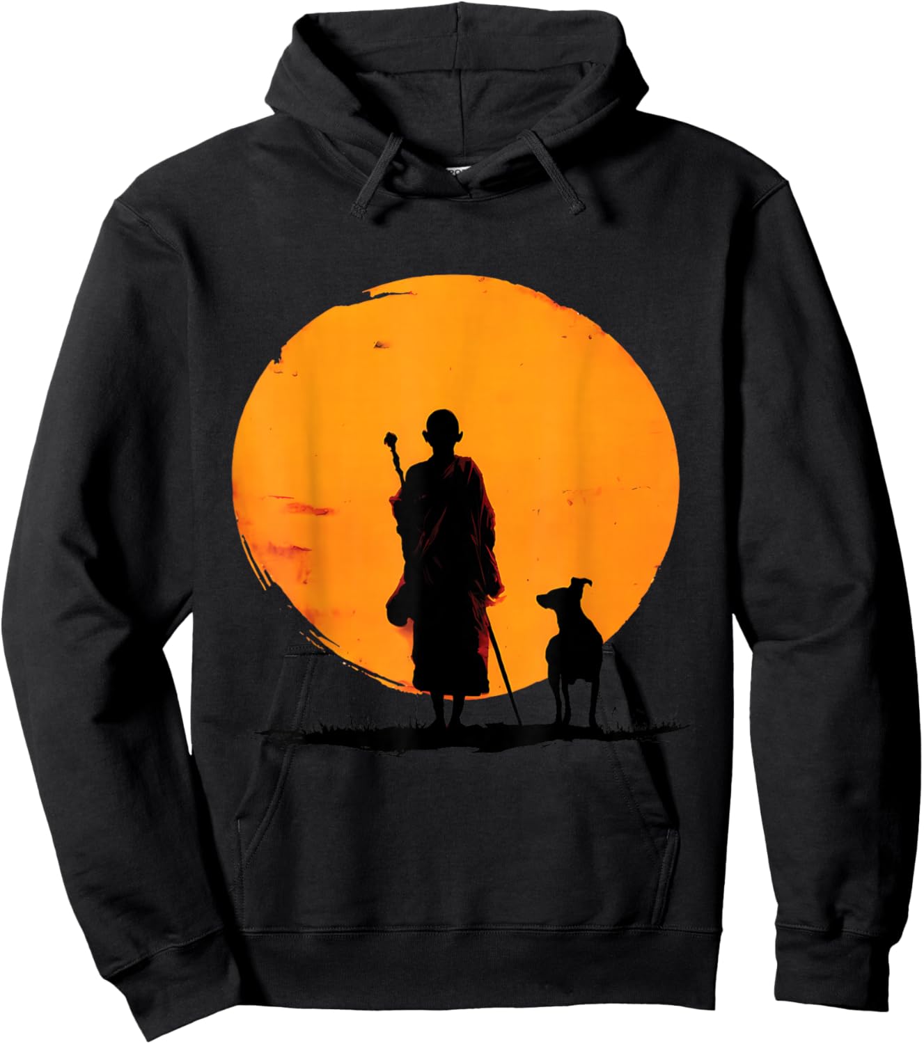 Retro Peace Walking Monks & Dog Minimalist Zen Art Graphic Hoodie - Hoodie | Black