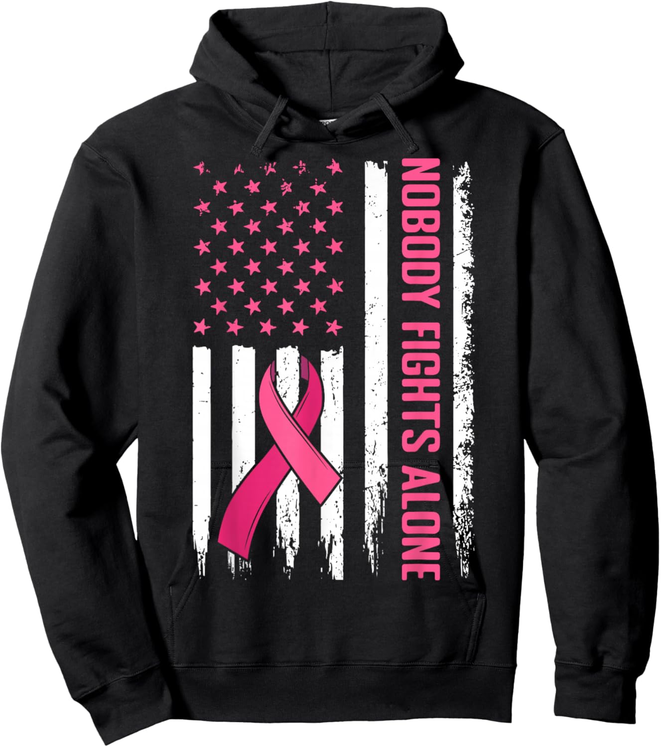 Nobody Fights Alone Breast Cancer Awareness Pink Ribbon Flag Hoodie - Hoodie | Black