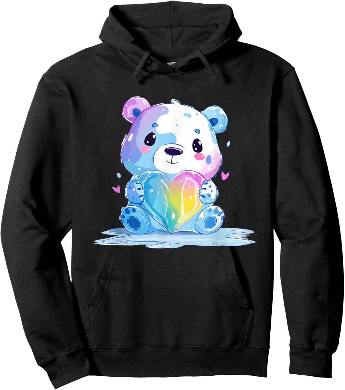 Cute Pastel LGBTQ Rainbow Heart Pride Bear Hoodie - Hoodie | Black