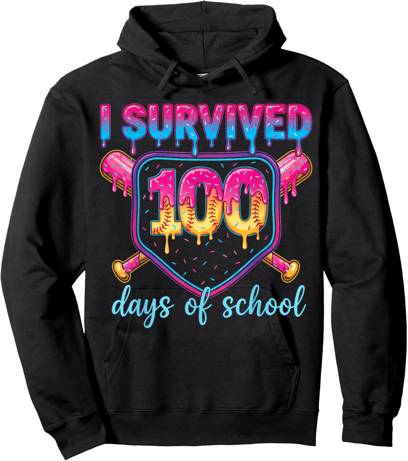 I Survived 100 Days of School Baseball 100th Day Kids Girls Hoodie - Hoodie | Black