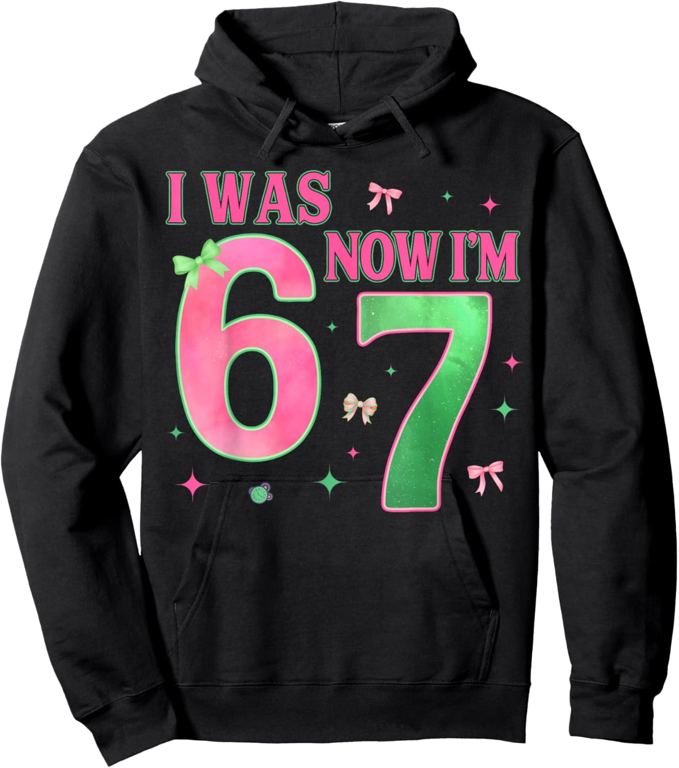I was 6 Now I'm 7 Year Old Birthday Cute Bow Pink Green Bday Hoodie - Hoodie | Black