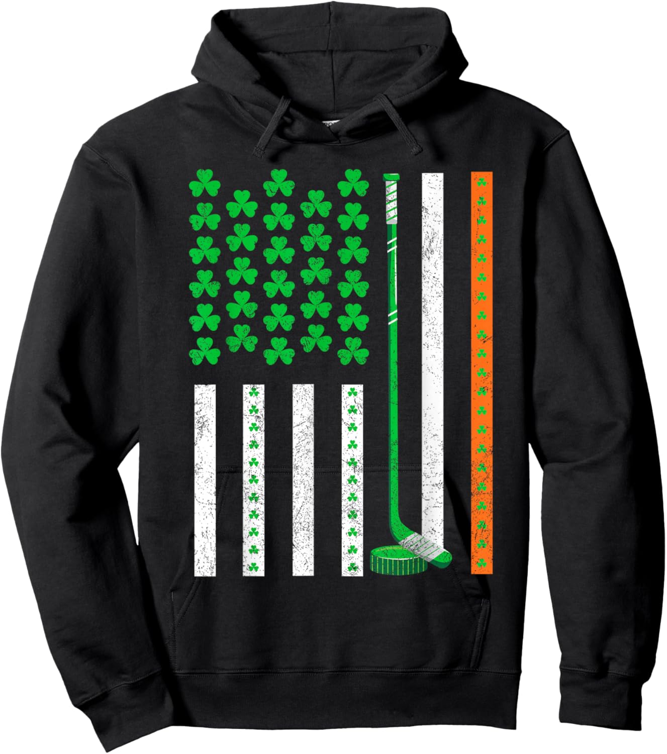 Vintage St Patrick's Day Shamrock Sport American Flag Hockey Hoodie - Hoodie | Black
