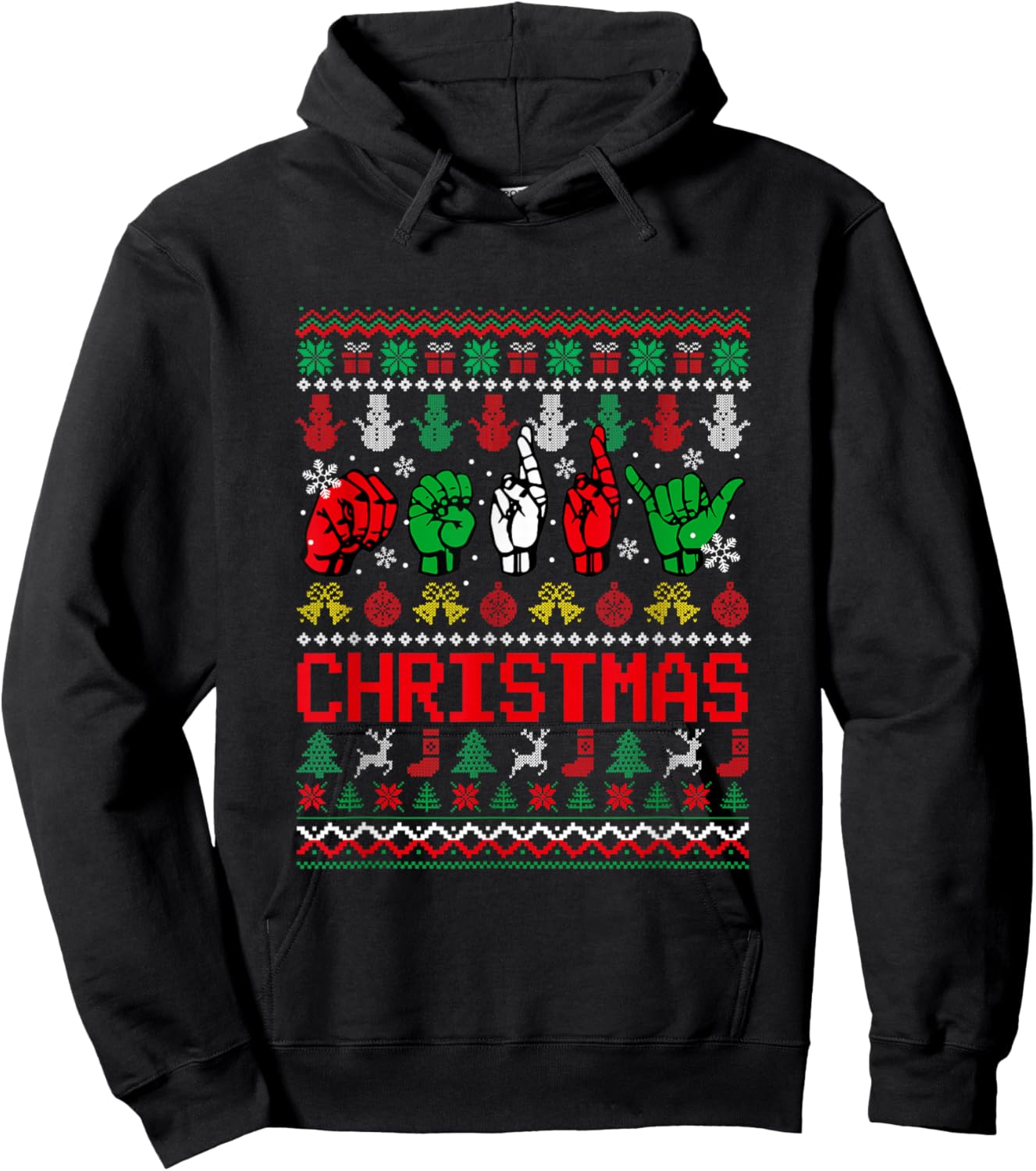 Merry Christmas Sweater ASL Hand Sign Language Lover Family Hoodie - Hoodie | Black