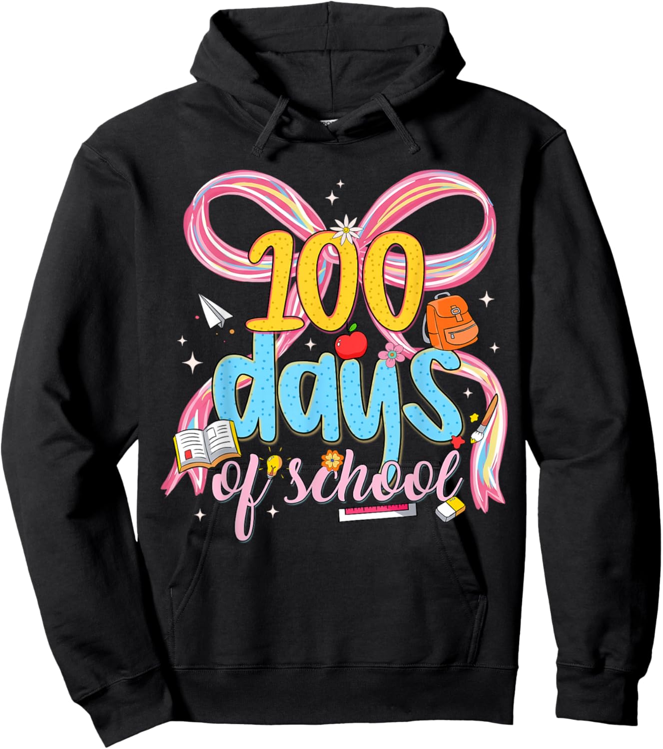 Happy 100 Days of School Cute Coquette Bow Girl Kid Teacher Hoodie - Hoodie | Black