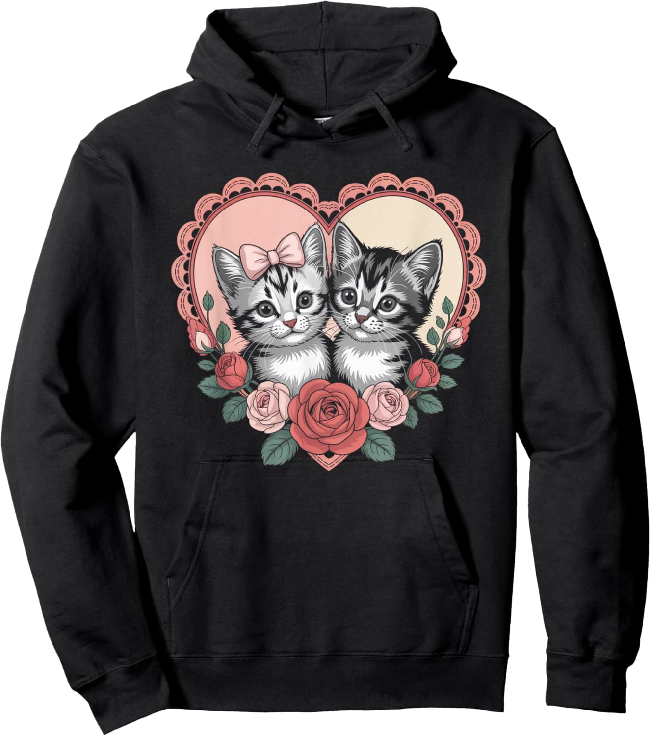 Cute Kittens in Heart with Roses Romantic Cat Hoodie - Hoodie | Black