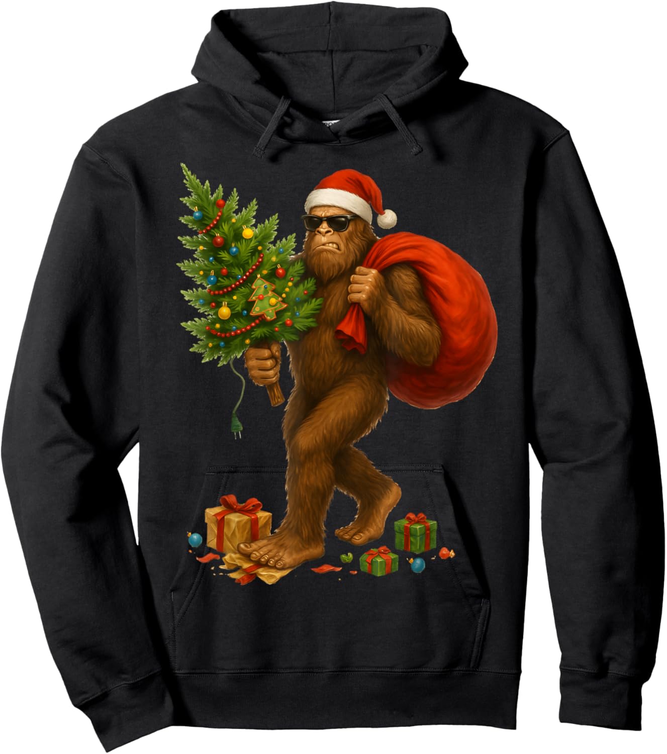 Angry Bigfoot Santa Christmas Tree Lights Xmas Men Sasquax Hoodie - Hoodie | Black