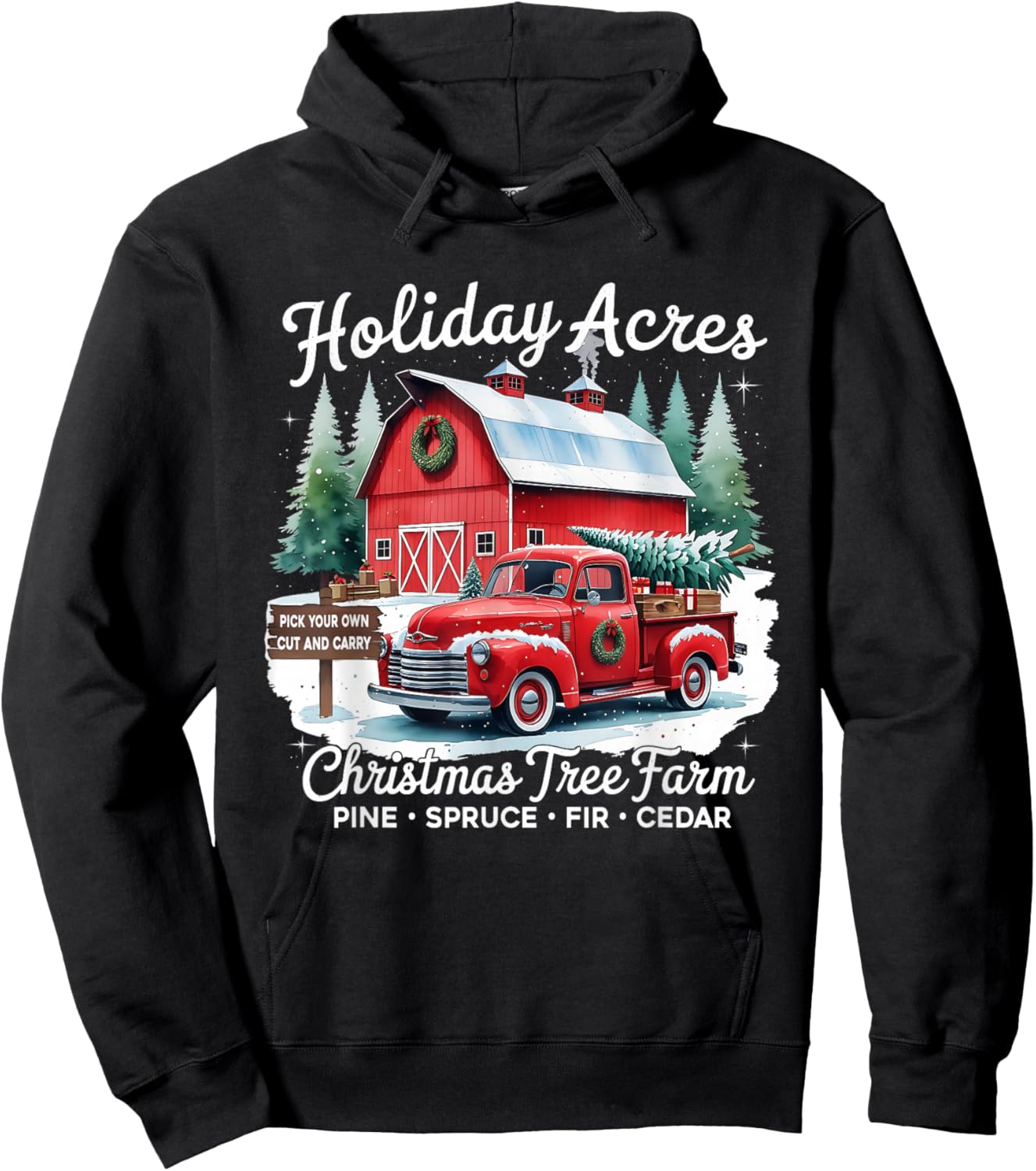 Vintage Red Truck Holiday Acres Christmas Tree Farm Hoodie - Hoodie | Black