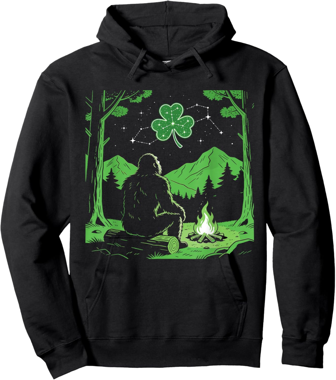 St Patricks Day Bigfoot Sasquatch Shamrock Firecamp Hoodie - Hoodie | Black