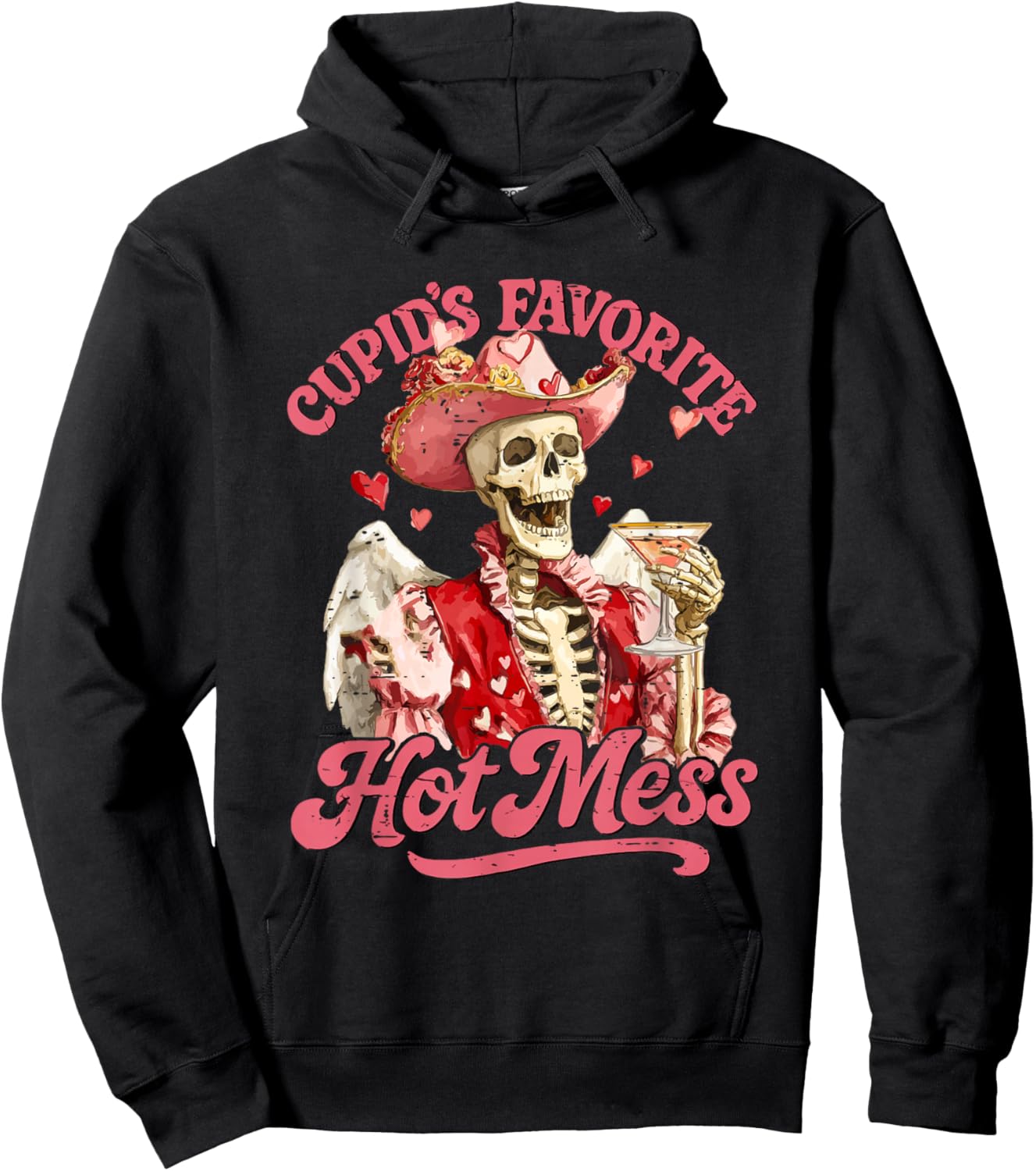 Retro Cupid's Favorite Hot Mess Funny Skeleton Valentine Hoodie - Hoodie | Black