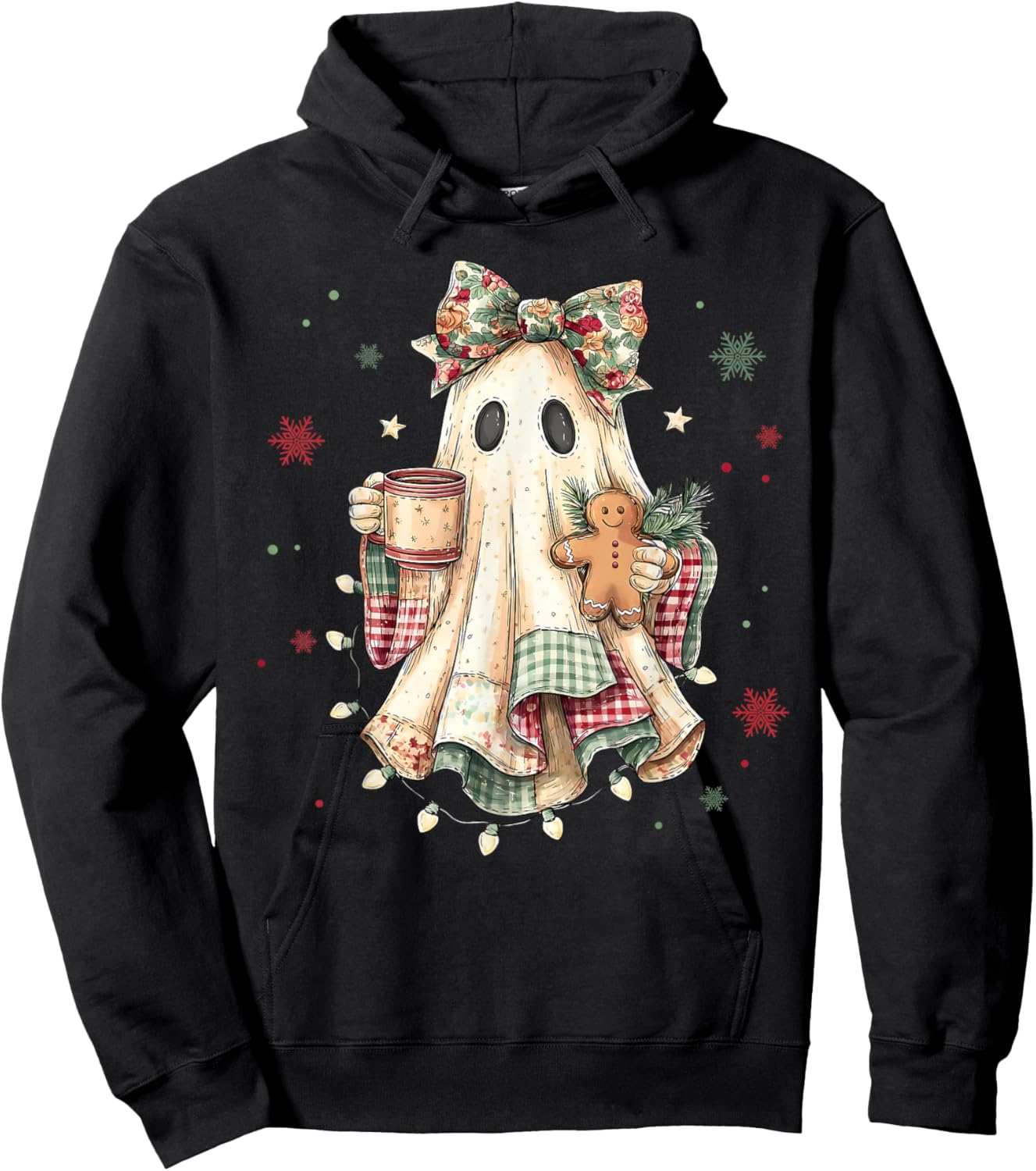 Funny Ghost Gingerbread Merry Christmas Xmas Lights Holiday Hoodie - Hoodie | Black