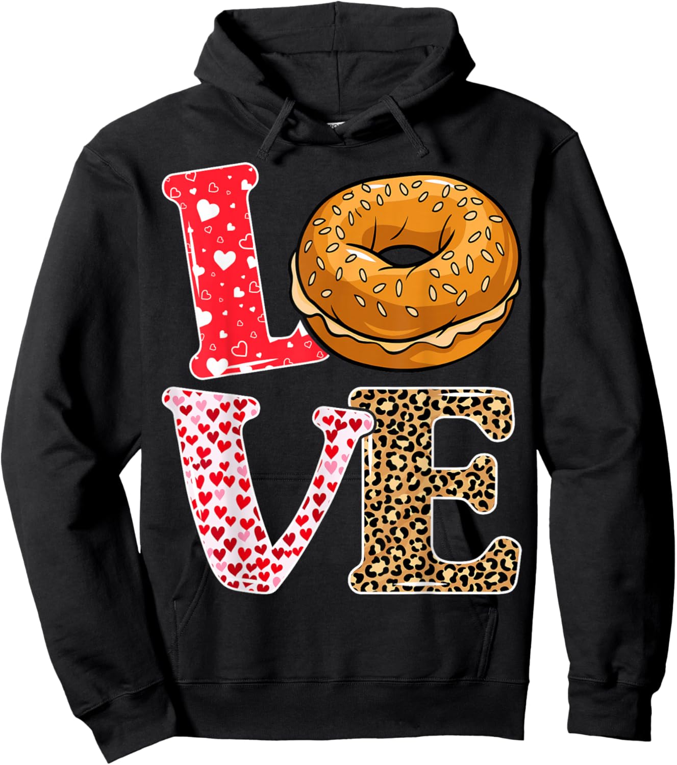Bread Bagel Love Valentine Leopard Food Pun Hoodie - Hoodie | Black