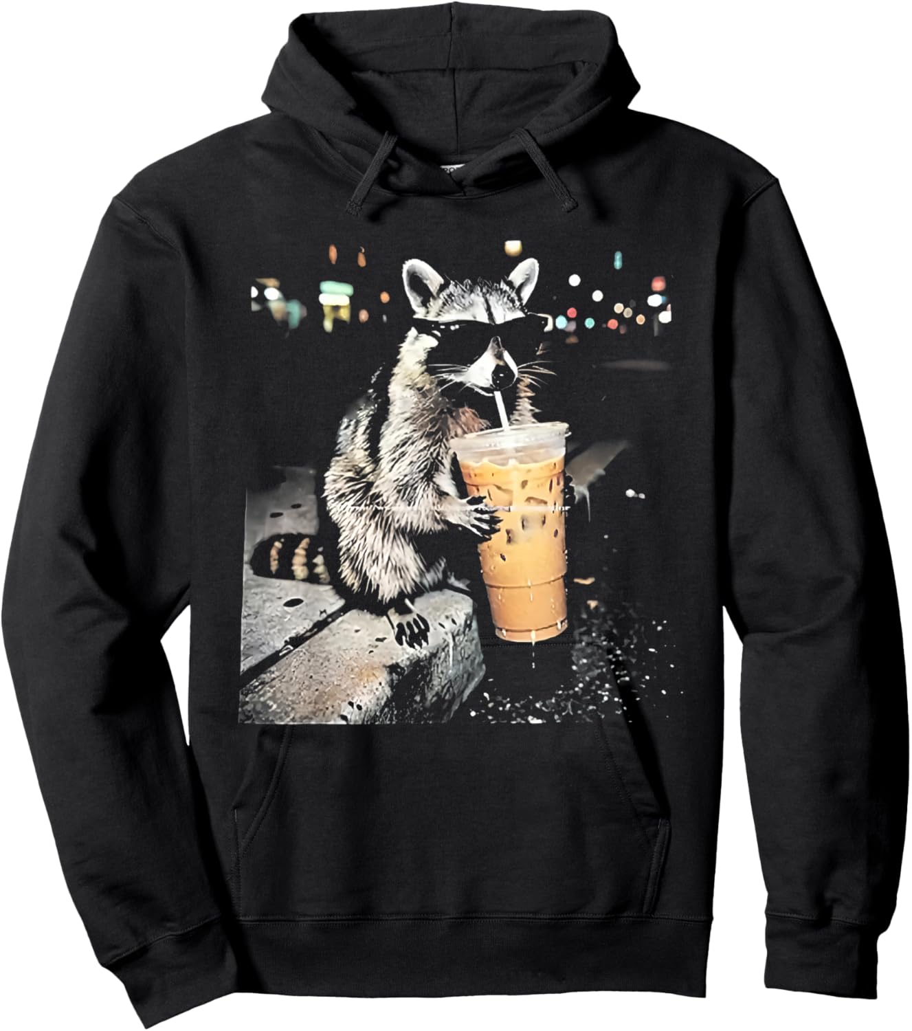 Funny Raccoon Drinking iced Coffee Hoodie - Hoodie | Black