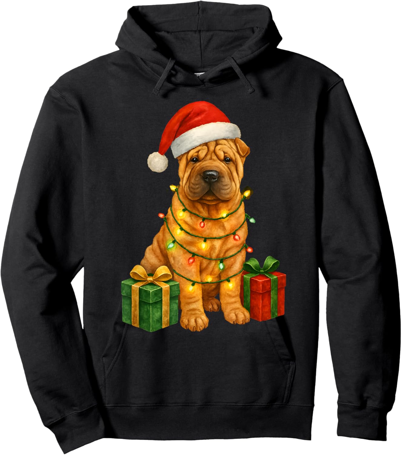 Christmas Shar Pei Dog Cute Funny Santa Hat Hoodie - Hoodie | Black