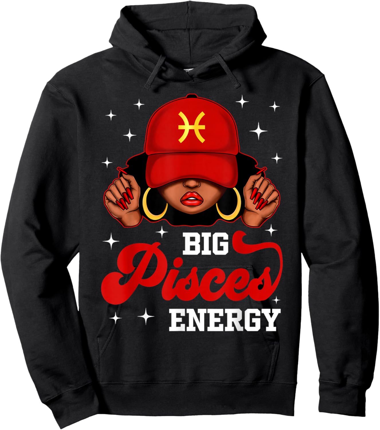 Big Pisces Energy Black Woman with Red Cap Zodiac Hoodie - Hoodie | Black