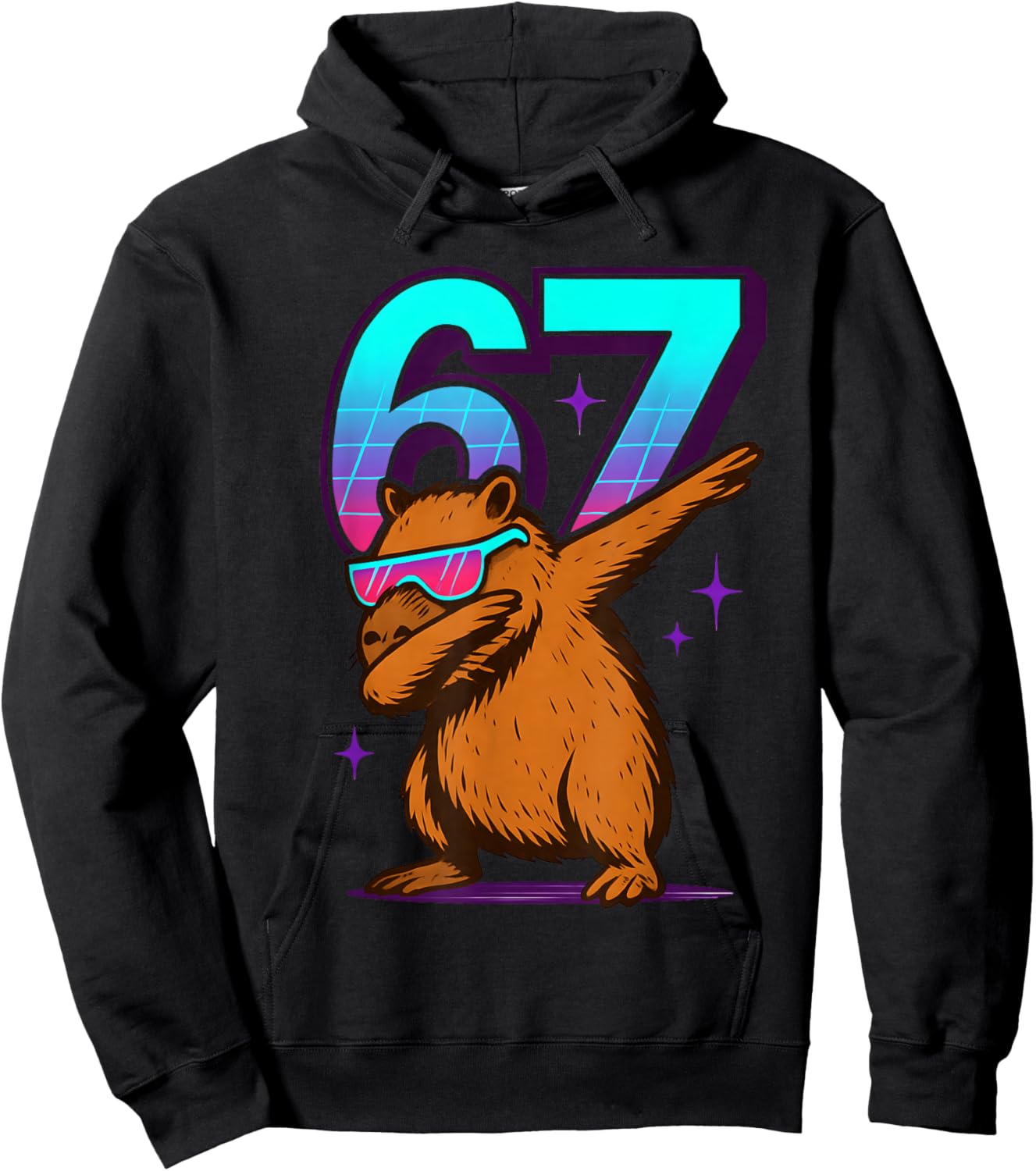 Neon Retro Dabbing Capybara 67 Meme Capy Lover Teens Kids Hoodie - Hoodie | Black