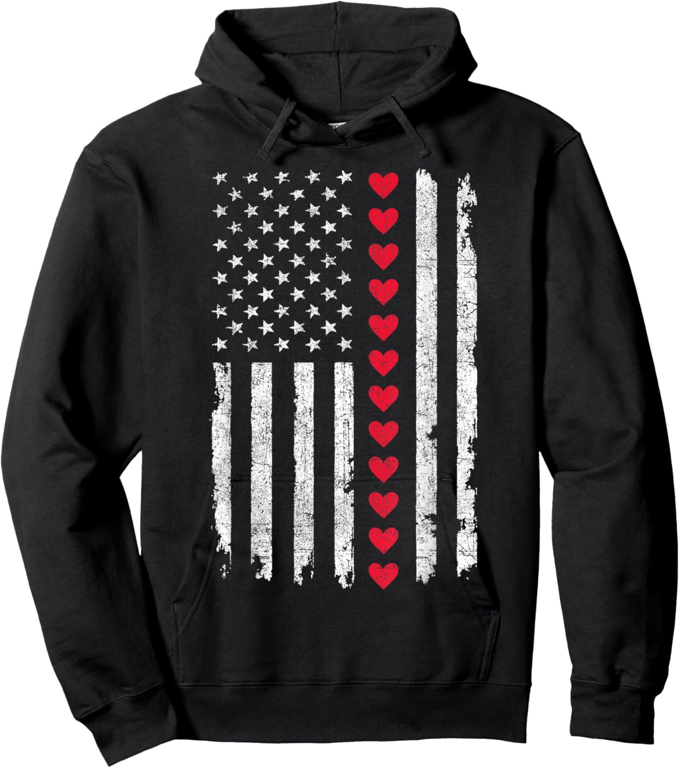 Valentines Day US American Flag Red Hearts Patriotic Love Hoodie - Hoodie | Black