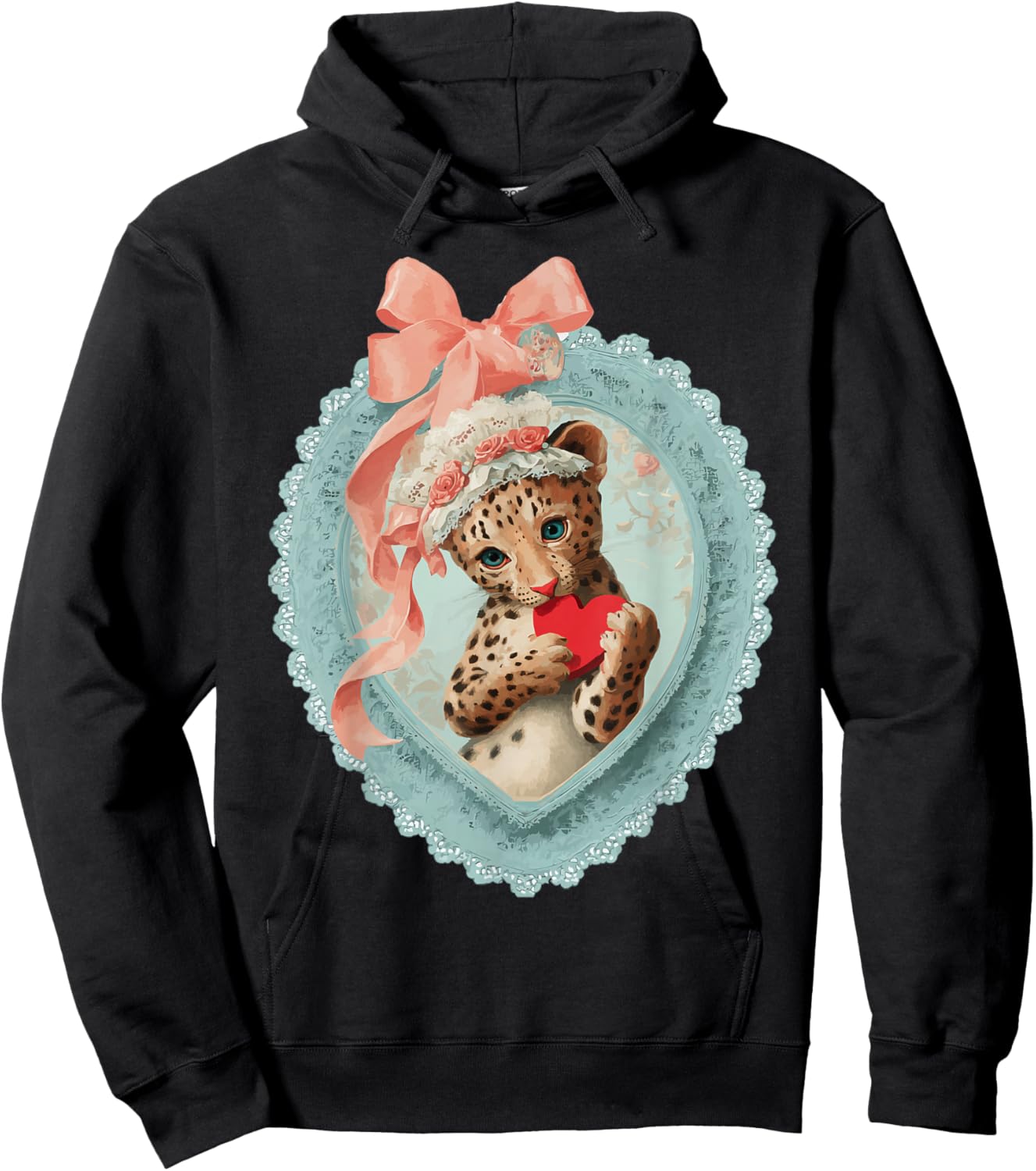 Cute Leopard Valentine with Heart Vintage Animal Coquette Hoodie - Hoodie | Black