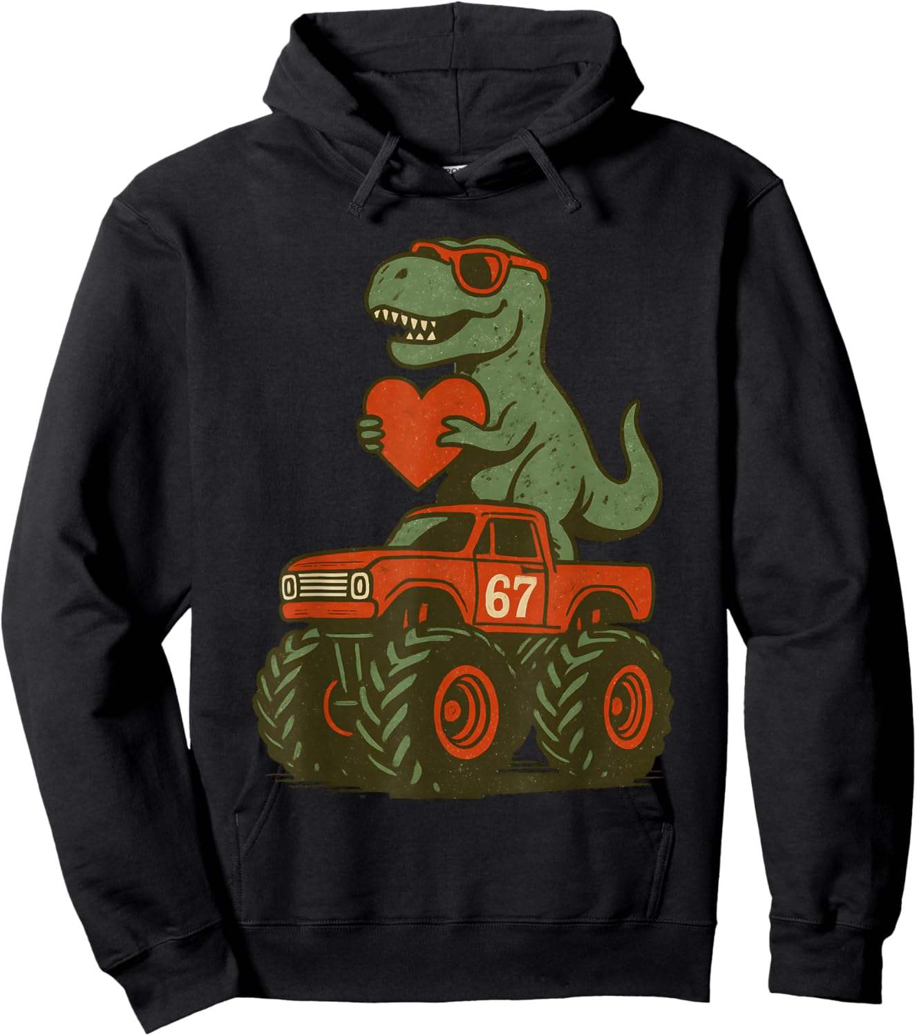 Valentines Day Trex 67 Meme Dinosaur 6 7 Dino Riding Truck Hoodie - Hoodie | Black
