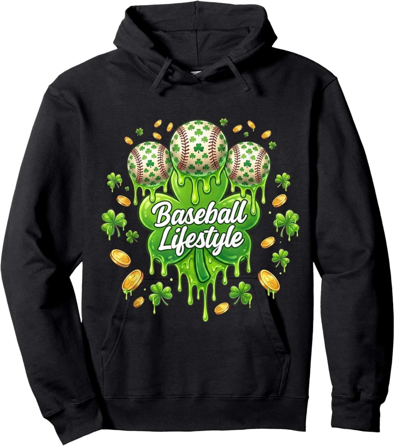 Baseball Lifestyle St Patricks Day Clover Irish Lucky Coins Hoodie - Hoodie | Black