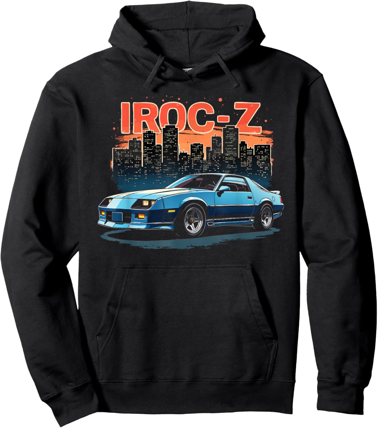 1980's Retro City Night Scene IROC Z Old School Muscle Car Hoodie - Hoodie | Black