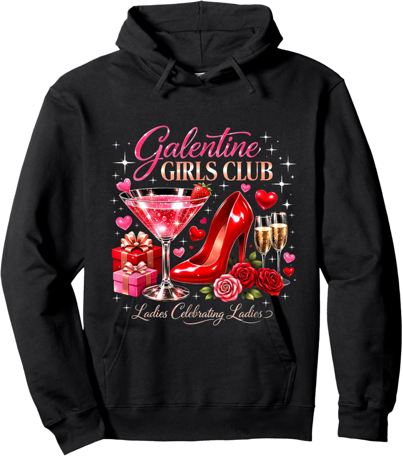 Galentine Girls Club Ladies Celebrating Martini Glass Party Hoodie - Hoodie | Black