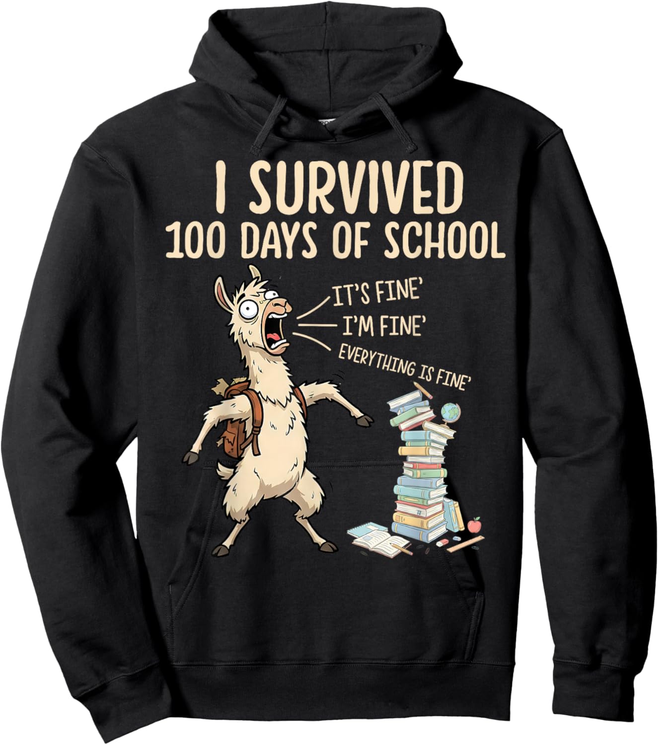 I Survived 100 Days of School Teacher Funny 100th Day Llama Hoodie - Hoodie | Black