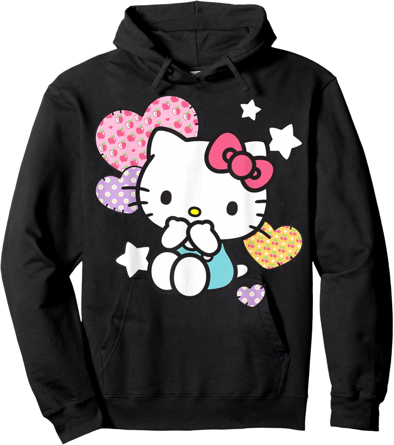 Hello Kitty Stars and Patched Hearts Apples Cherries Daisies Hoodie - Hoodie | Black