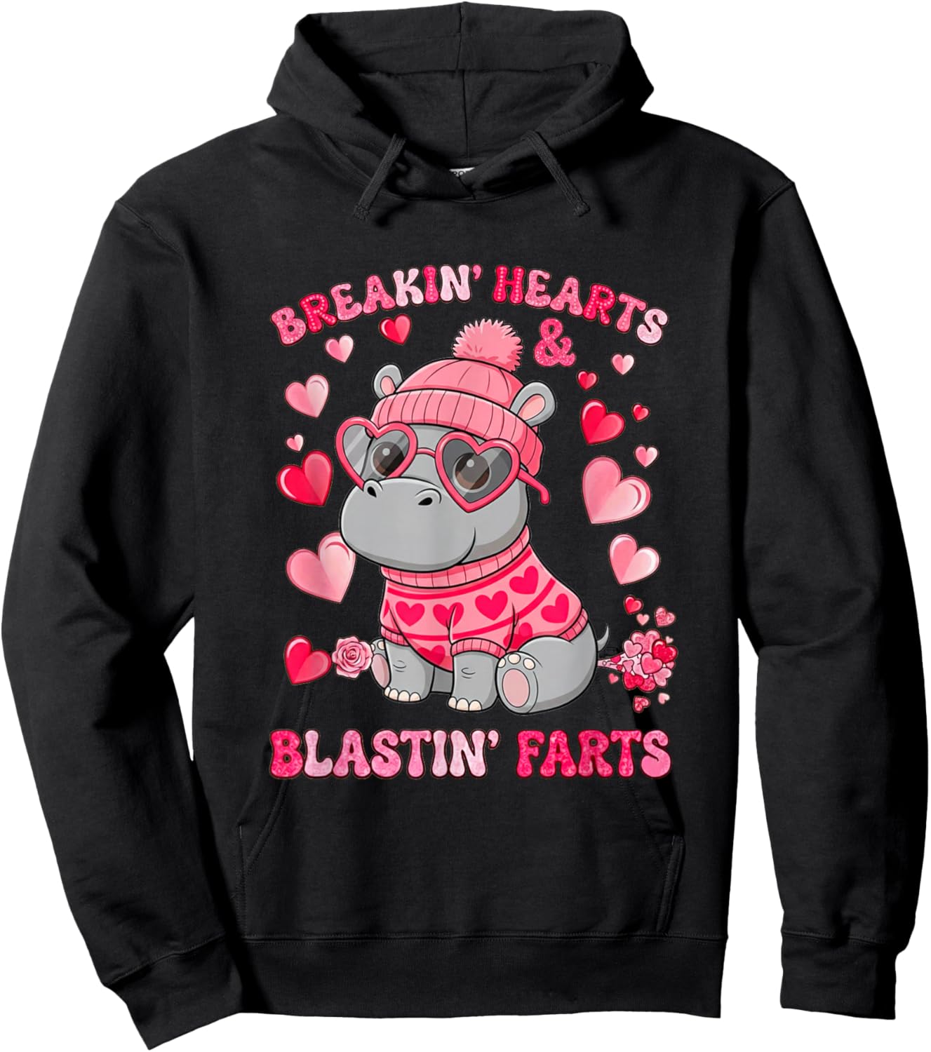 Funny Hippo Breaking Hearts Blasting Farts Valentines Day Hoodie - Hoodie | Black