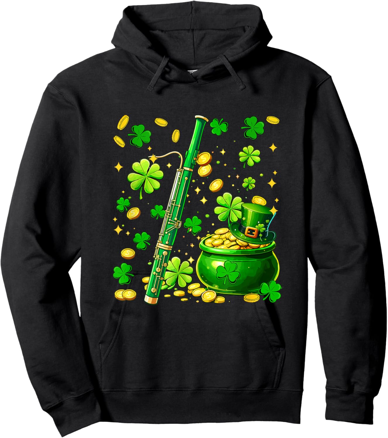 Bassoon Instrumentalist St. Patrick's Day Shamrocks Coins Hoodie - Hoodie | Black