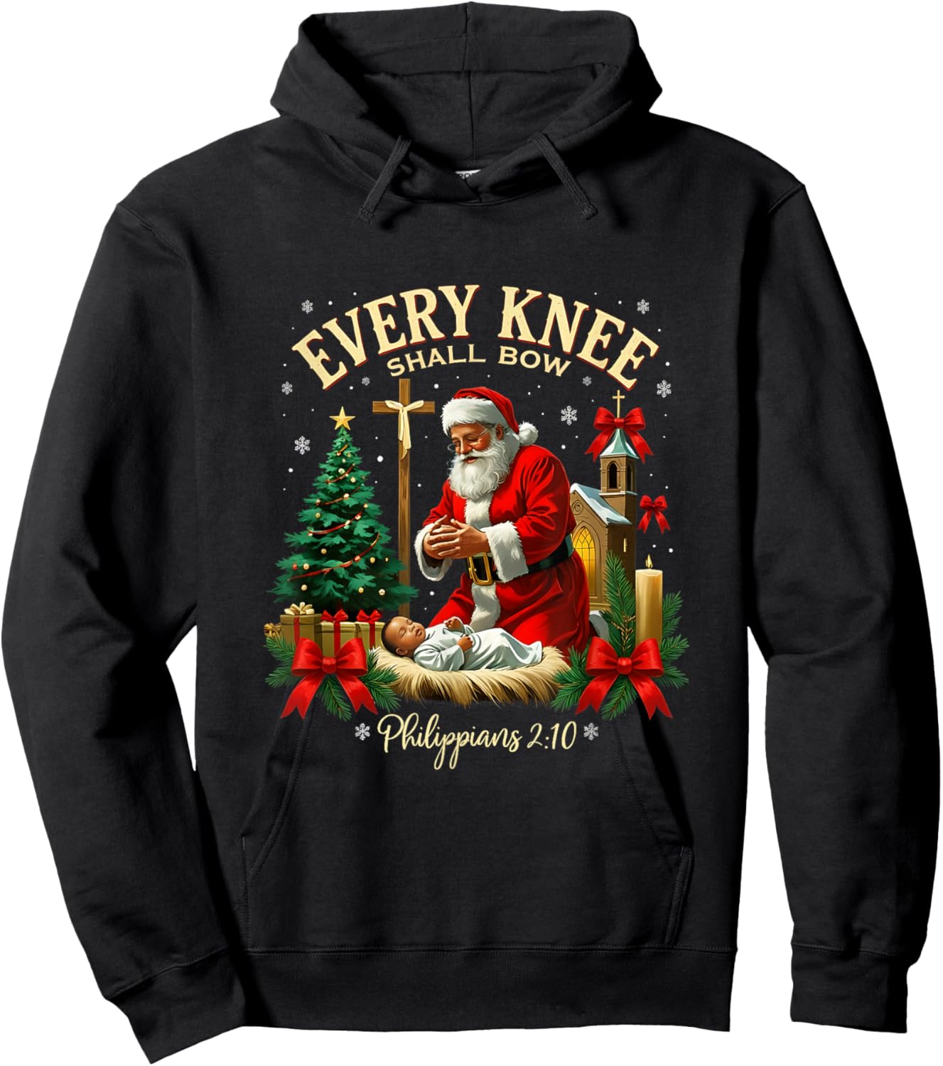 Santa Christmas Nativity Scene Xmas Every Knee Shall Bow Hoodie - Hoodie | Black