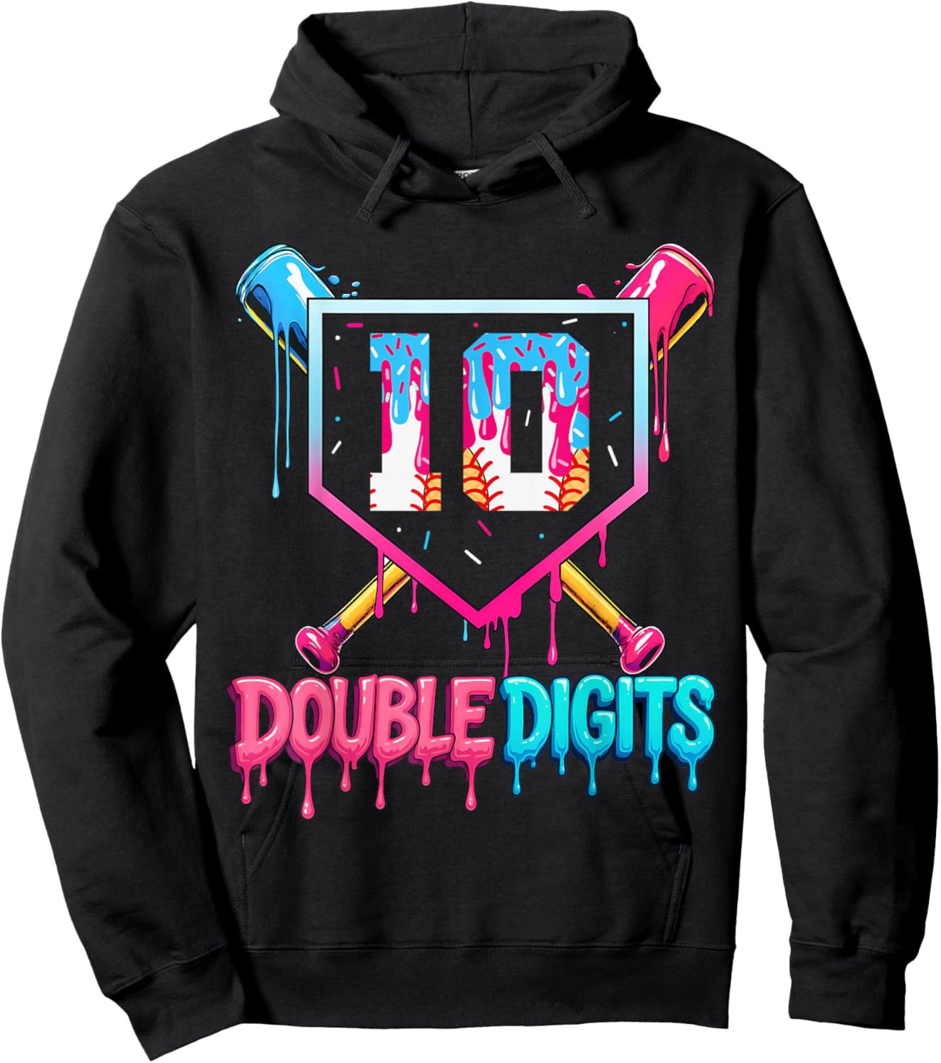 Baseball Drip 10th Birthday Boy Double Digits Ice Cream Drip Hoodie - Hoodie | Black